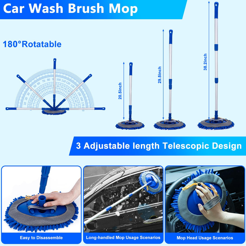 THINKWORK Car Wash Kit, Car Detailing Kit with Foam Gun, Car Wash Brush Mop and Large Folding Bucket Suitable for Car Cleaning, Blue Car Wash Set Gift for Men and Women