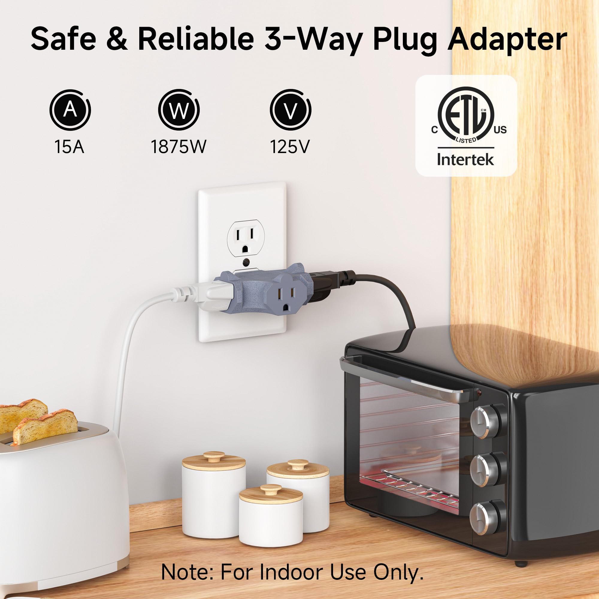 [ETL Listed] Cable Matters 3-Pack 3 Way Plug Adapter 15A 1875W, 3 Prong 3 Outlet Adapter, Power Splitter Plug Outlet, 3 Way Electrical Splitter, Black