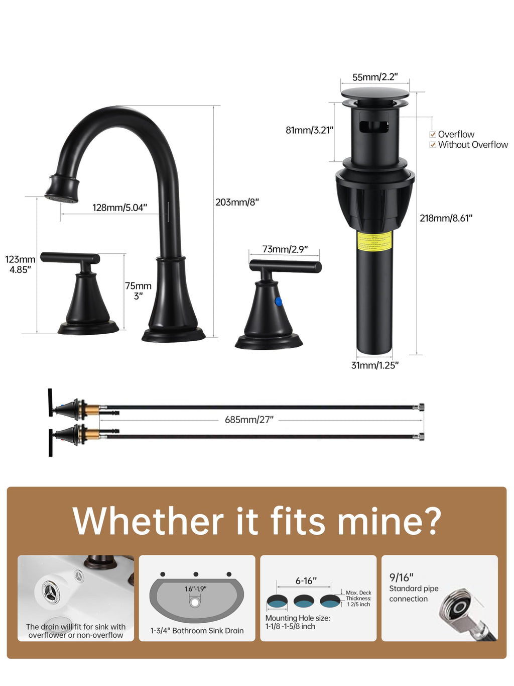 Fransiton Widespread Bathroom Sink Faucet 3 Hole, Brushed Gold Bathroom Faucet with Metal Pop-Up Drain, 2 Handle for 6-16" RV Vanity Sink