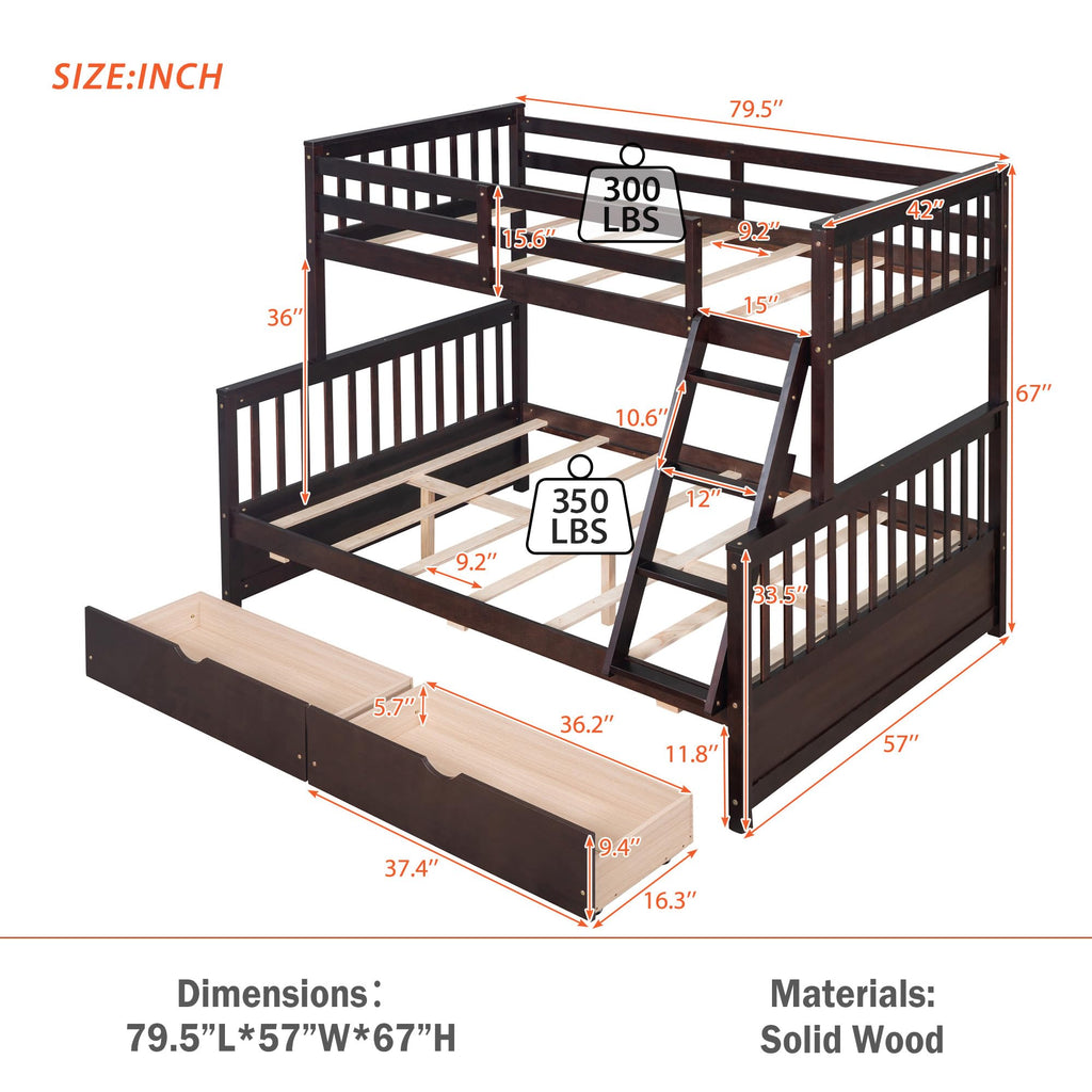 Merax Wood Bunk Bed with Two Drawers,Convertible Wood Bunk Bed with Ladders and Two Storage Drawers,Solid Wood Detachable Bed Frame with Ladders, Twin Over Full Size, Espresso