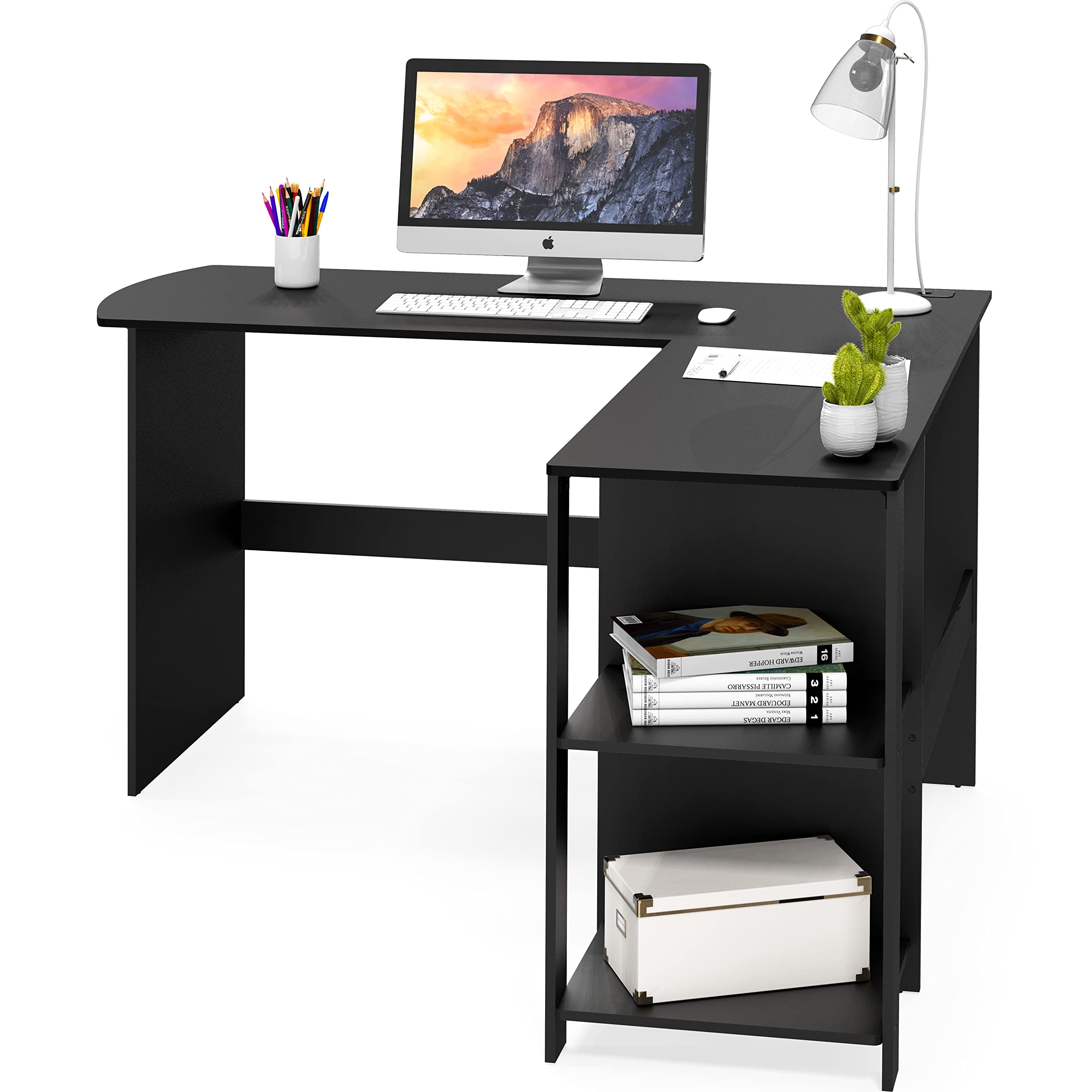SHW 51 x 51 Inches L-Shaped Home Office Wood Corner Desk wtih Storage, Black
