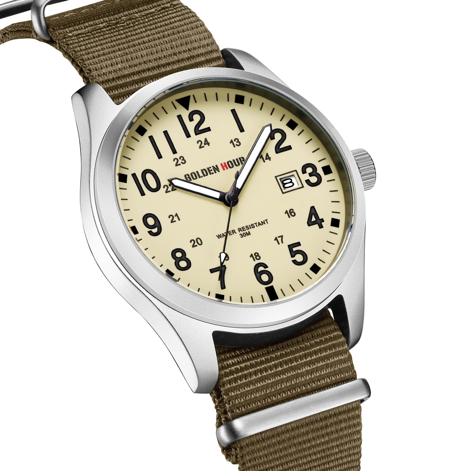 GOLDEN HOUR Men's Nylon Slip-Thru Strap Watch with Military Time Easy Read Dial Glowing Hands