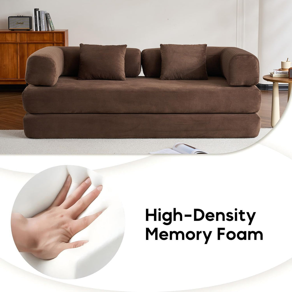 ZEIINPA 59“ Convertible Floor Sofa Bed, 5-in-1 Futon Sofa Bed Pull Out Sleeper Couch, Modern Corduroy Compressed Loveseat, Modular Boneless Couches for Living Room, No Assembly Required, Beige