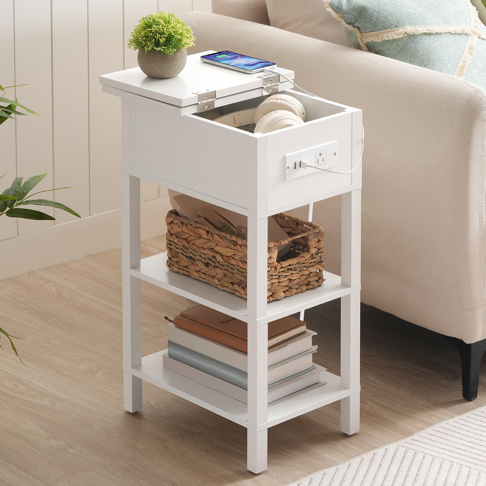 HOOBRO End Table with Charging Station, Flip Top Side Table with USB Ports, Narrow Nightstand Bedside Tables with Storage Shelves, for Small Space, Living Room, Black BK141UBZ01