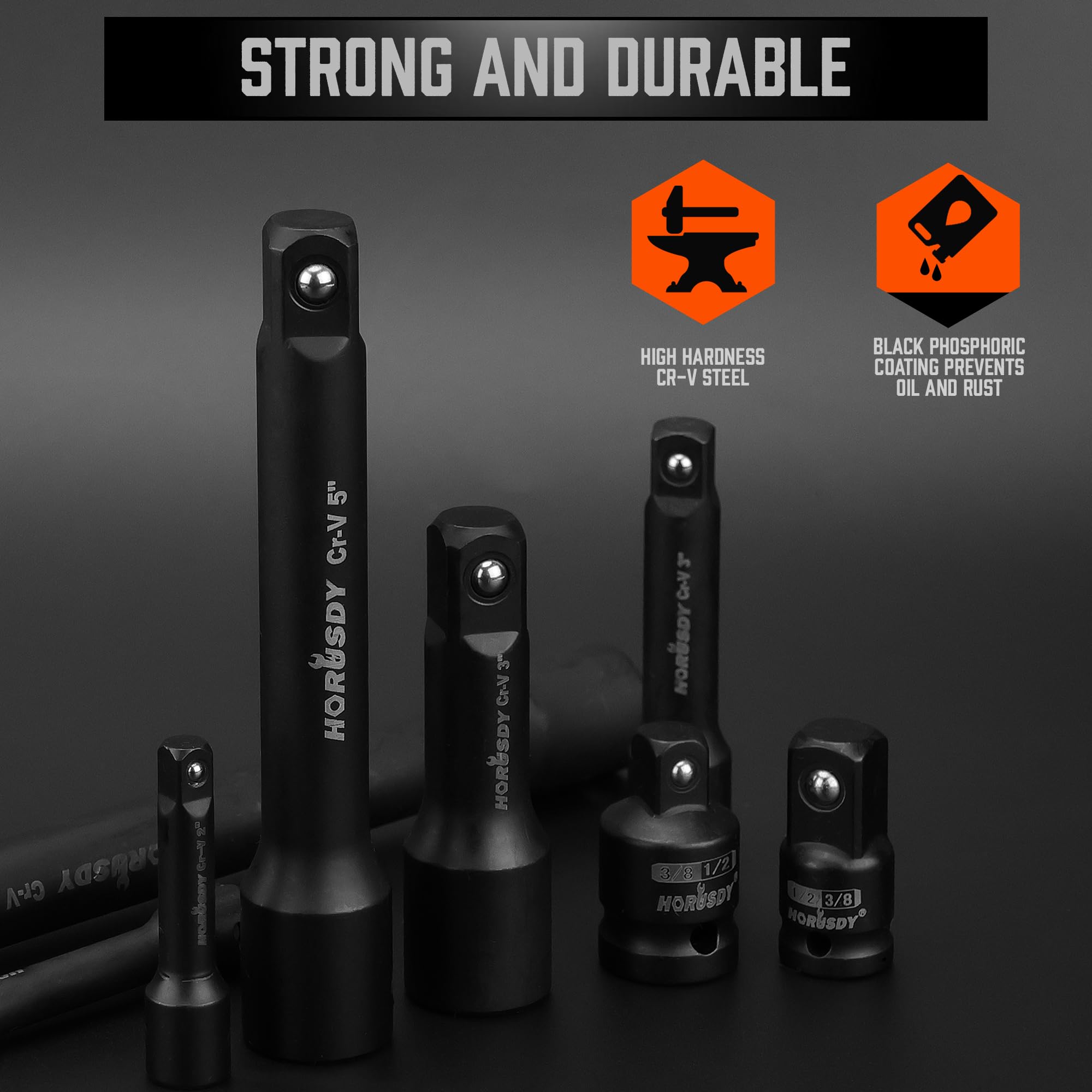 HORUSDY 6-Piece Impact Sockets Adapter Sets, 3-Inch and 6-Inch Hex Shank 1/4" 3/8" 1/2"