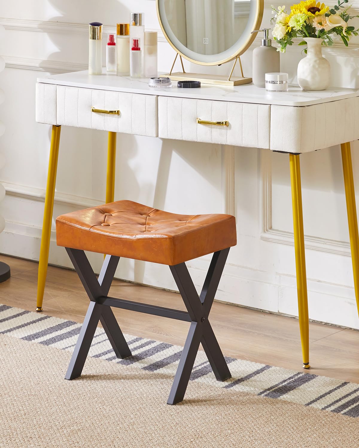 IBUYKE U-Shaped PU Vanity Stool, Square Makeup Chair with X-Leg, Ottoman Seat Footrest Stool, Multi-Use as Small Side Table, for Bedroom, Living Room, Black WBD019B
