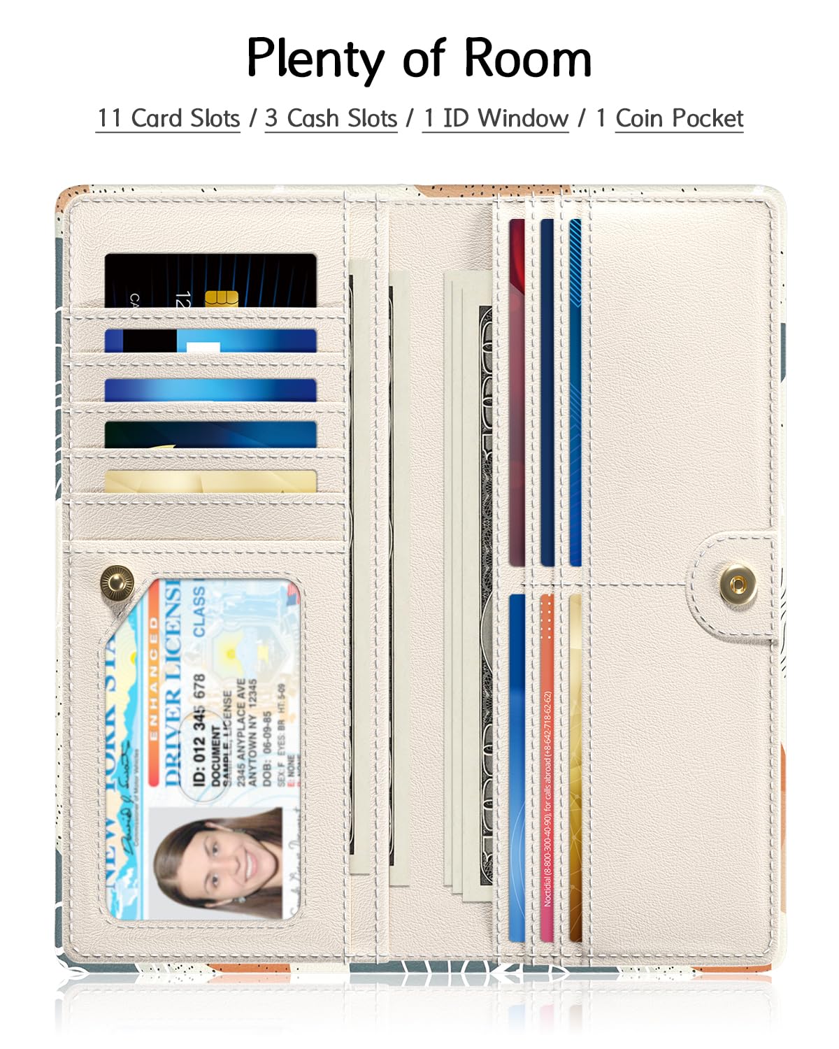 Nipichsha Womens Wallet, RFID Slim Wallets for Women, Thin Ladies Credit Card Holder Purse, Cute Leather Bifold Clutch Billfold with 11 Card Slots & ID Window, Abstract Boho Leaf