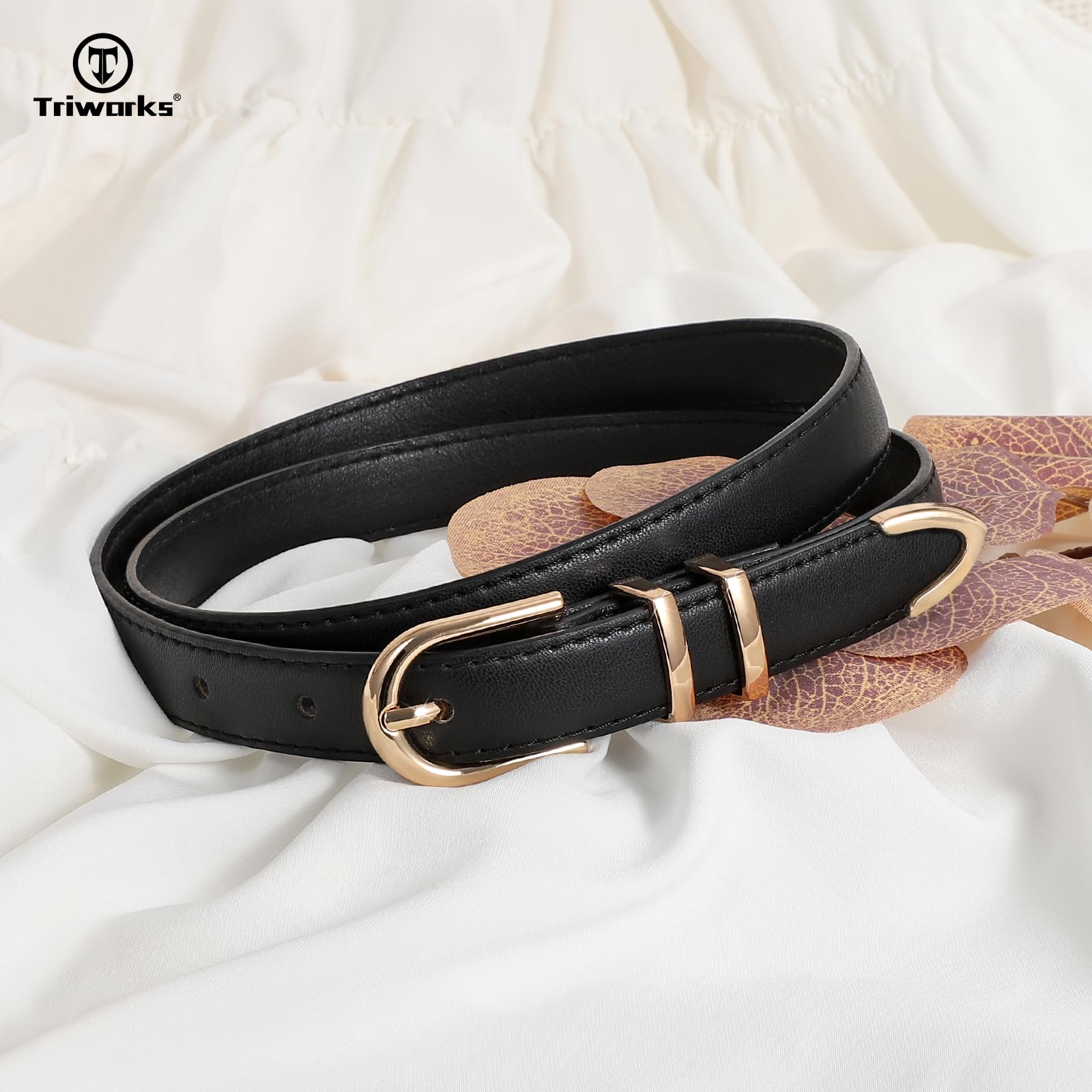 TRIWORKS 2 Pack Women Skinny Leather Belts for Jeans Pants Thin Faux Leather Belt with Gold Buckle