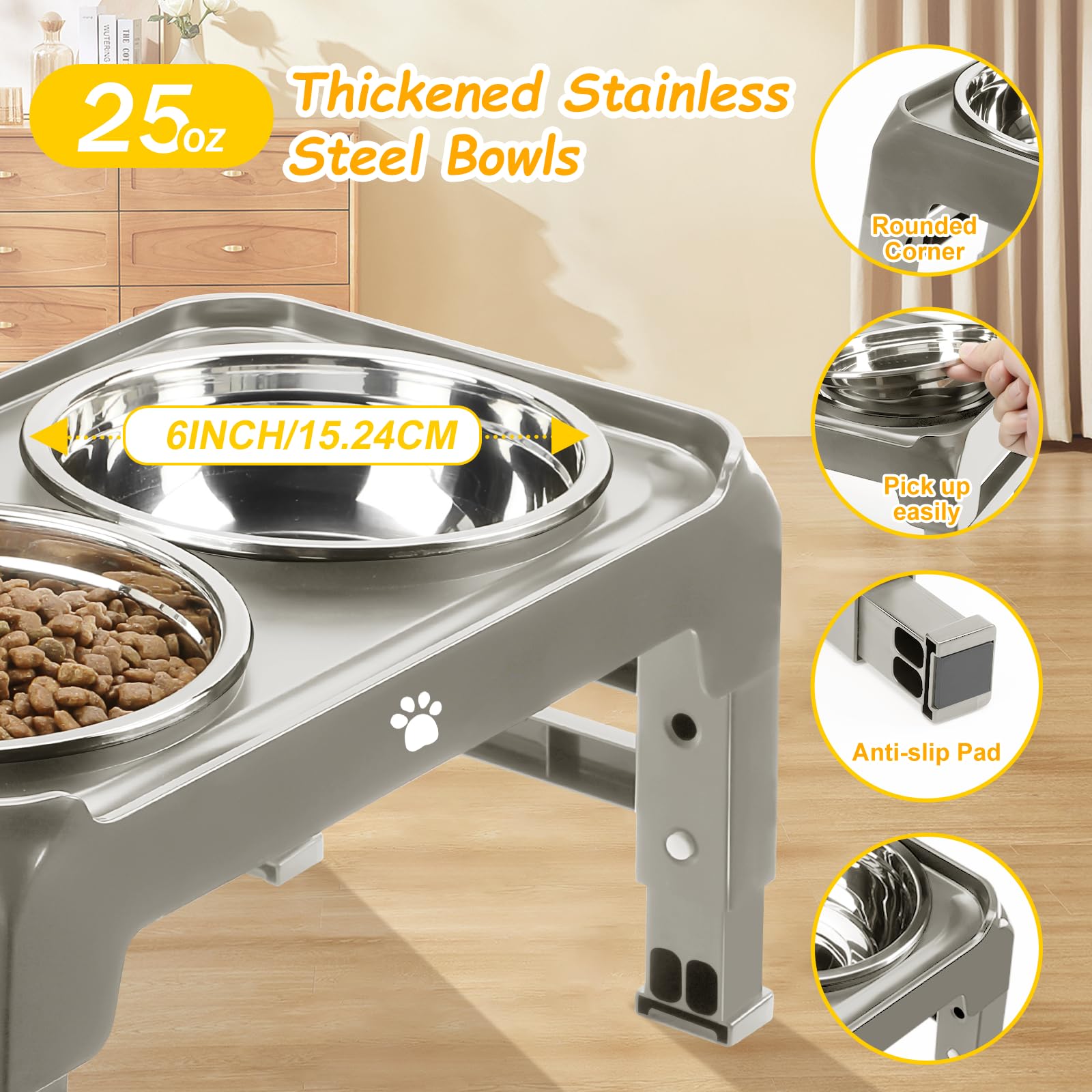 Elevated Dog Bowls 3 Height Adjustable Raised Bowl Stand with 25oz Stainless Steel Dog Food Bowls Anti-Slip for Small Dogs Adjusts to 7.5", 6", 2.75", Black