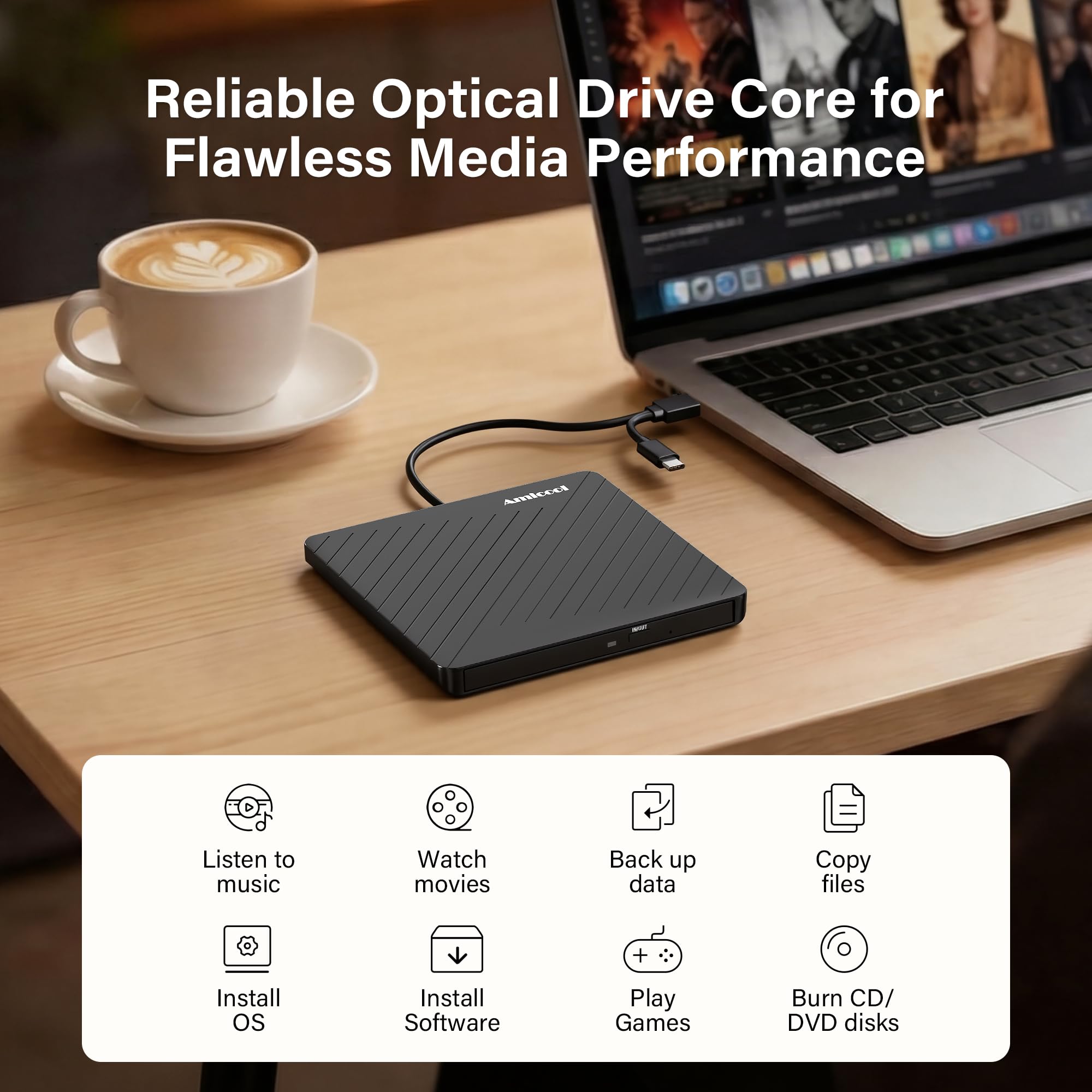 Amicool External USB-C USB 3.0 CD/DVD Drive Burner +/-RW, Ultra-Slim Portable DVD Player Writer Reader for Mac iMac MacBook, Windows 11/10/8 Linux, Laptop Desktop PC Computer Optical Drive