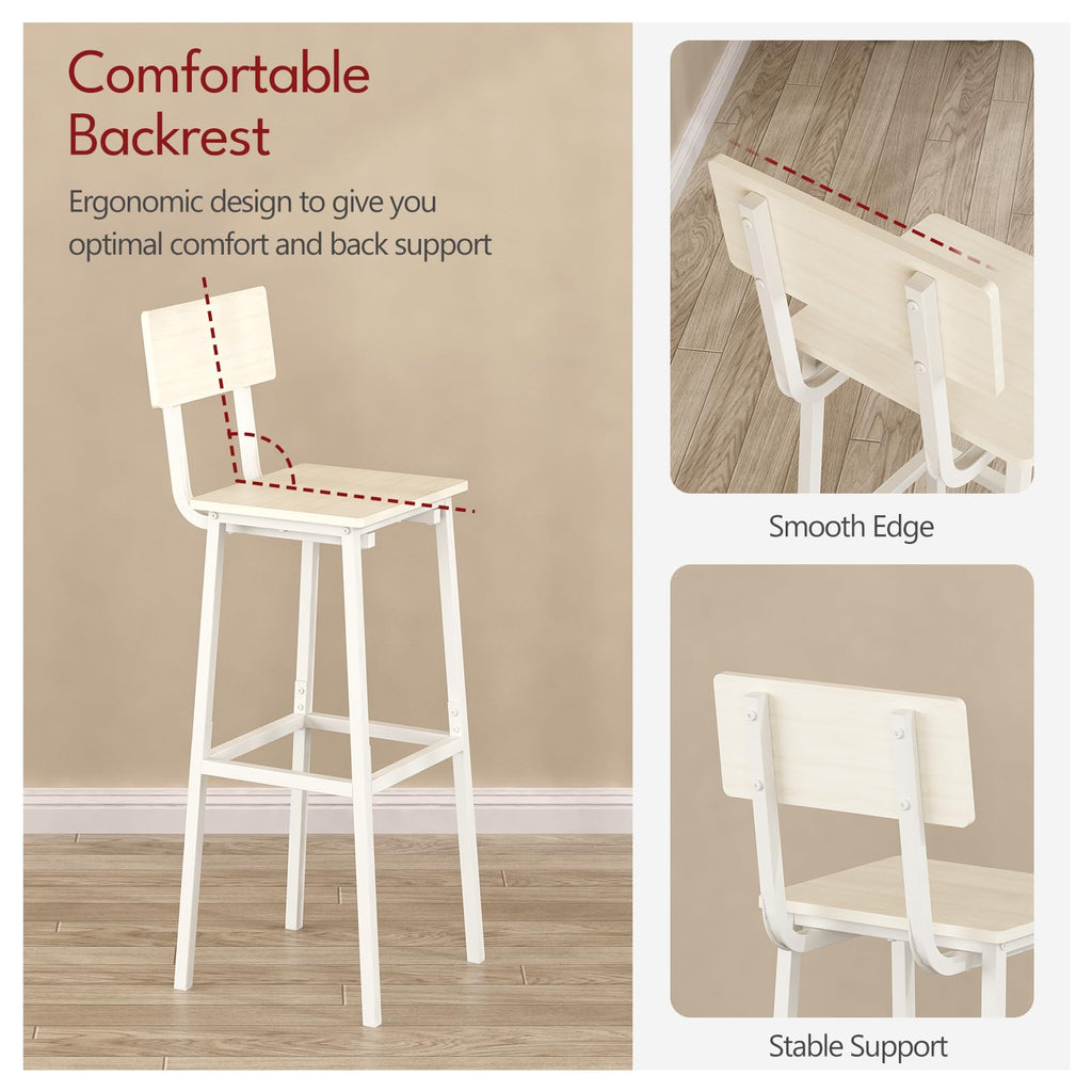 GILLAS Set of 2 Bar Stools, Tall Bar Stool with Backrest and Footrest, Tall Bar Chairs, Industrial Style Counter Height Bar Stool for Dining Room, Kitchen, White