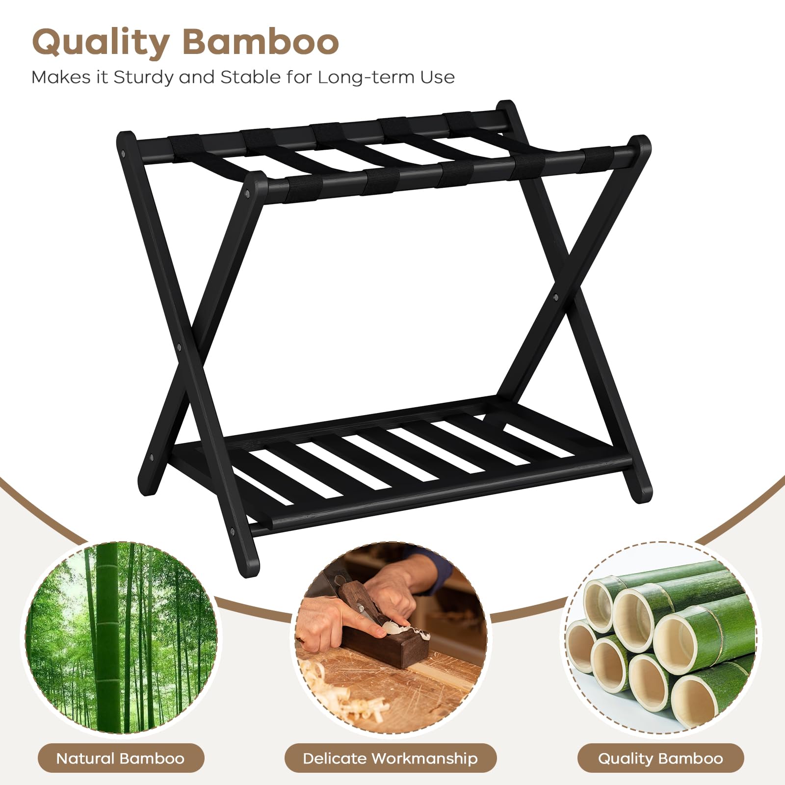 oakvivo Fully Assembled Black Luggage Rack for Guest Room, Bamboo Foldable Suitcase Stand with 5 Nylon Straps, Upgraded Luggage Rack Holder with Shelf for Bedroom Hotel, Holds up to 165 Lbs, 1pcs