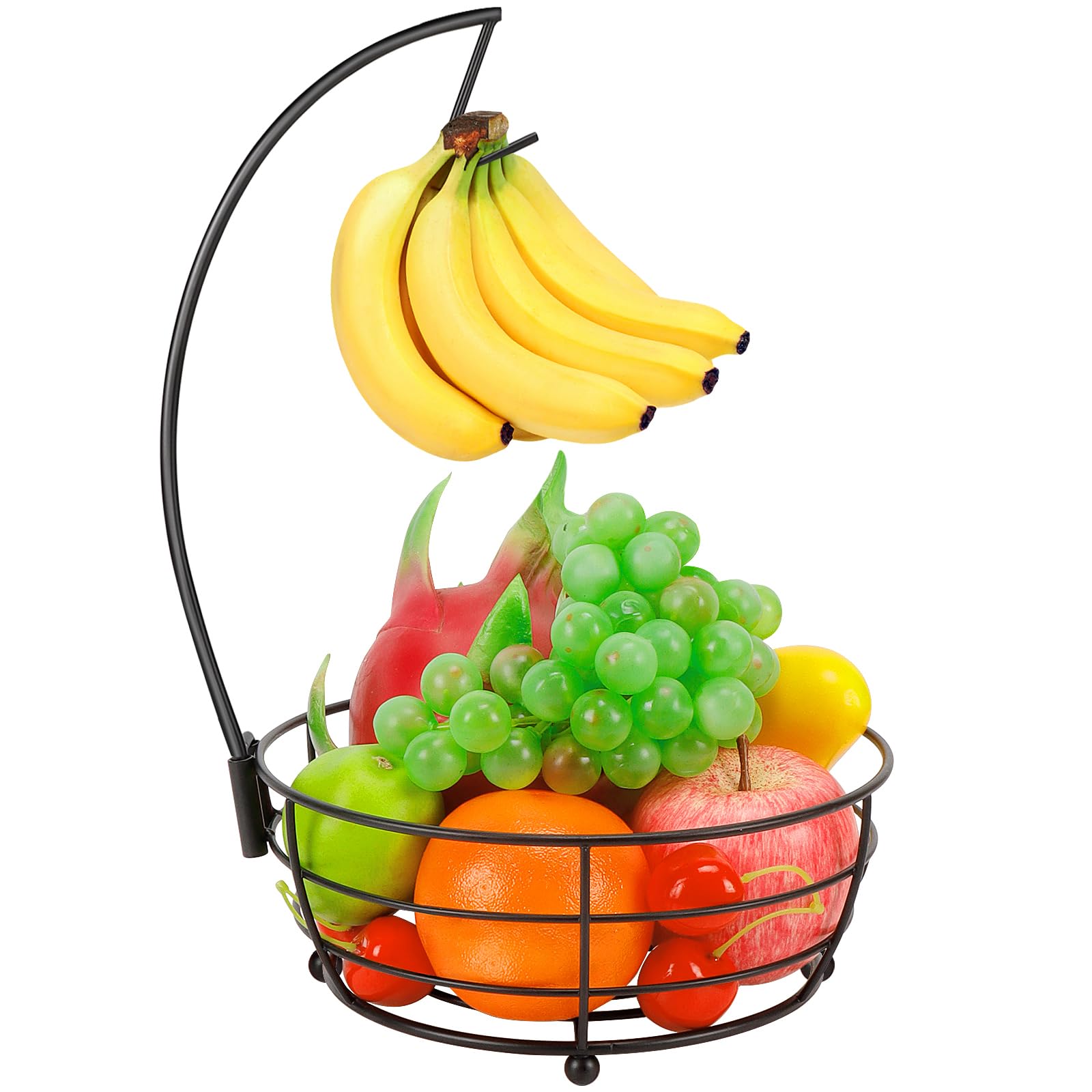 Livabber Countertop Fruit Basket Bowl with Banana Hanger, Modern Standing Fruit Vegetable Bowl Storage, with Banana Tree Holder for Kitchen Dinning Table (Round Marble, Black)