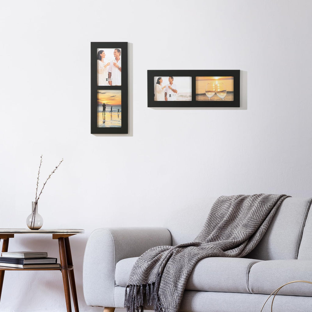 4x6 2-Opening Collage Frame Black Wood | Two 4x6 openings, shatter-resistant glass, tabletop & wall mount
