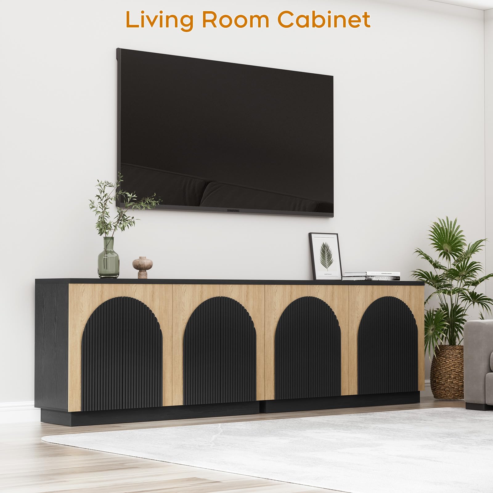 Yechen 55" Fluted Sideboard Buffet Cabinet with Storage, Wood Mid Century Modern Credenza Cabinet w/Arched Reeded Doors & Adjustable Shelves for Kitchen, Living Room, Entryway
