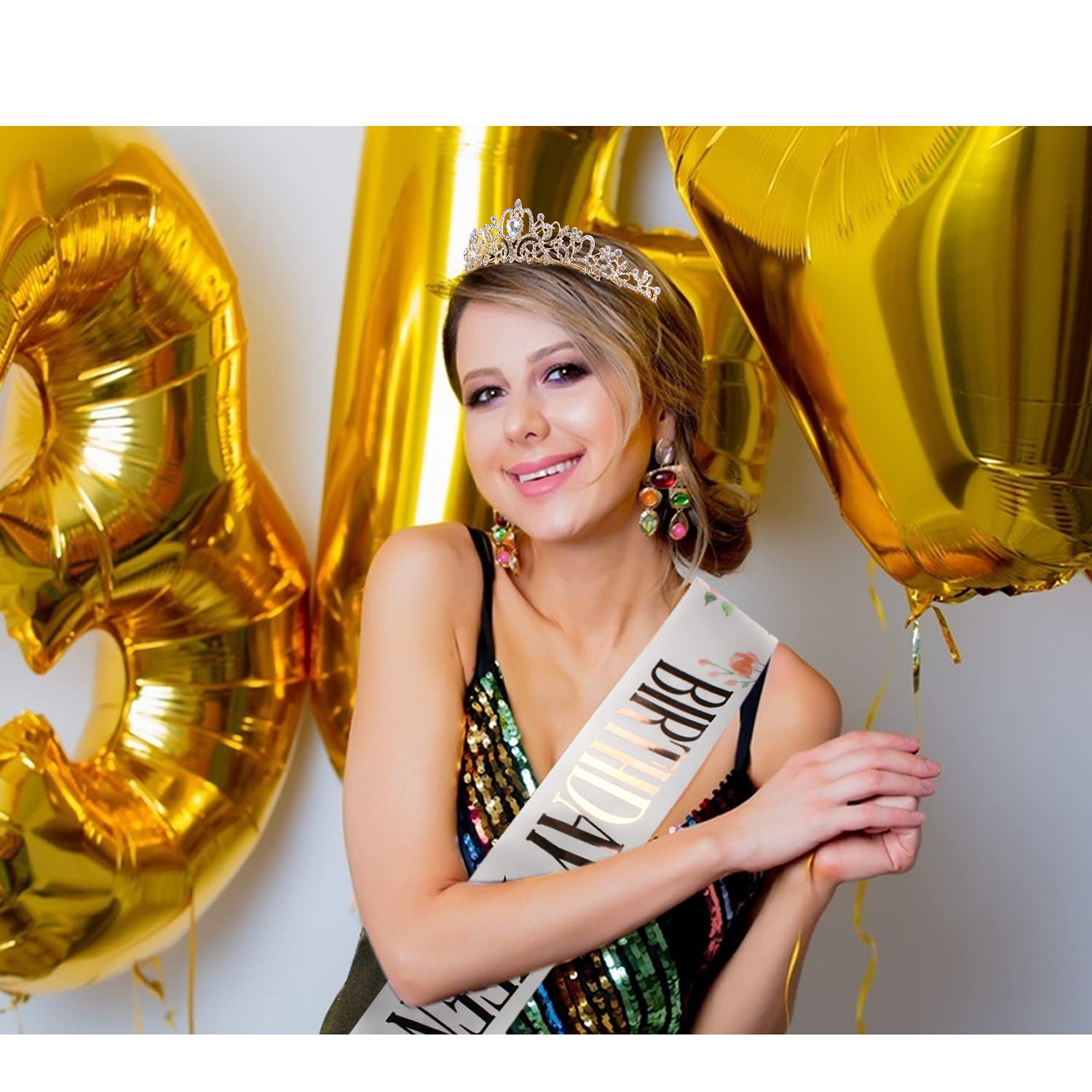 COCIDE Birthday Silver Tiara and Crowns Kit - Silver Tiara, Crown, Sash, Rhinestone Headband, Glitter Sash for Women & Girls Birthday Party Decorations
