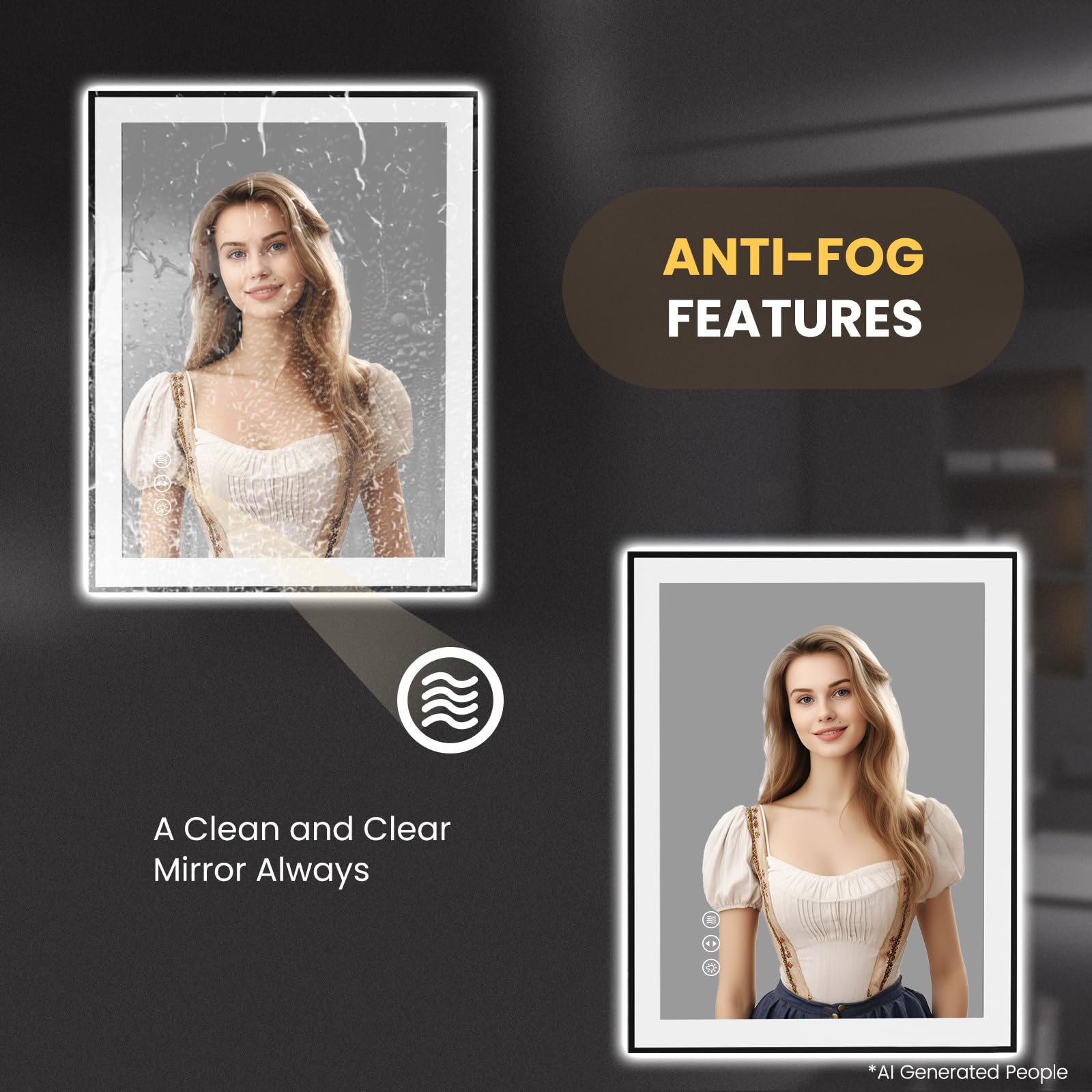LOAAO 20"X28" LED Bathroom Mirror Black Framed | Anti-Fog, Dimmable, Memory Function, Tempered Glass, Lighted Vanity Mirror for Wall