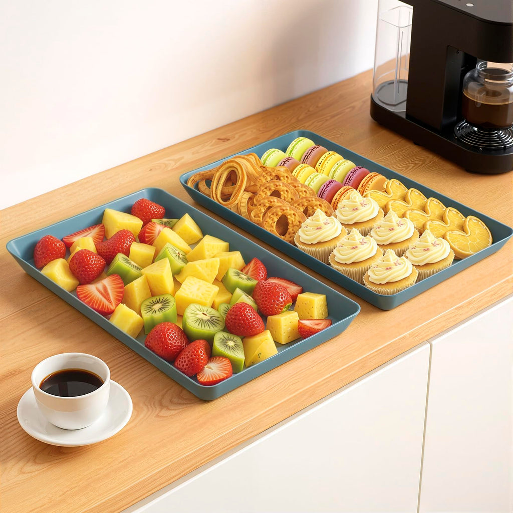 WOWBOX 4 pcs Serving Tray for Entertaining, Serving Platters for Snacks, Fruit, Cookies, Dessert, Reusable Plastic Trays for Serving Food, (White, Black, Green, Red)