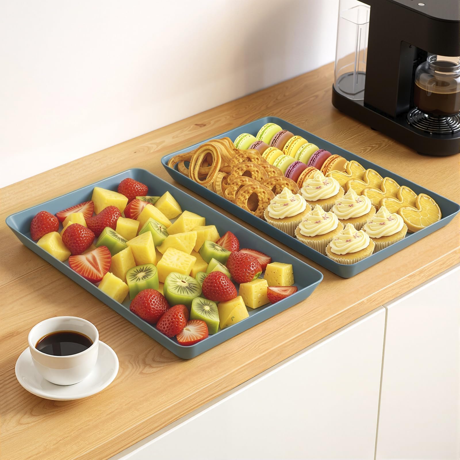 WOWBOX 4 pcs Serving Tray for Entertaining, Serving Platters for Snacks, Fruit, Cookies, Dessert, Reusable Plastic Trays for Serving Food, (White, Black, Green, Red)