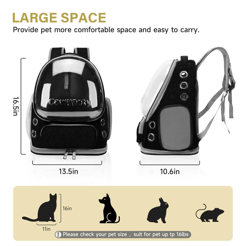 Cawypety Cat Backpack Carrier, Breathable Cat Carrier Large Space Bubble Pet Backpack for Kitty Small Dog up to 12lbs, Transparent & Foldable Pet Carrier for Travel Hiking (Black