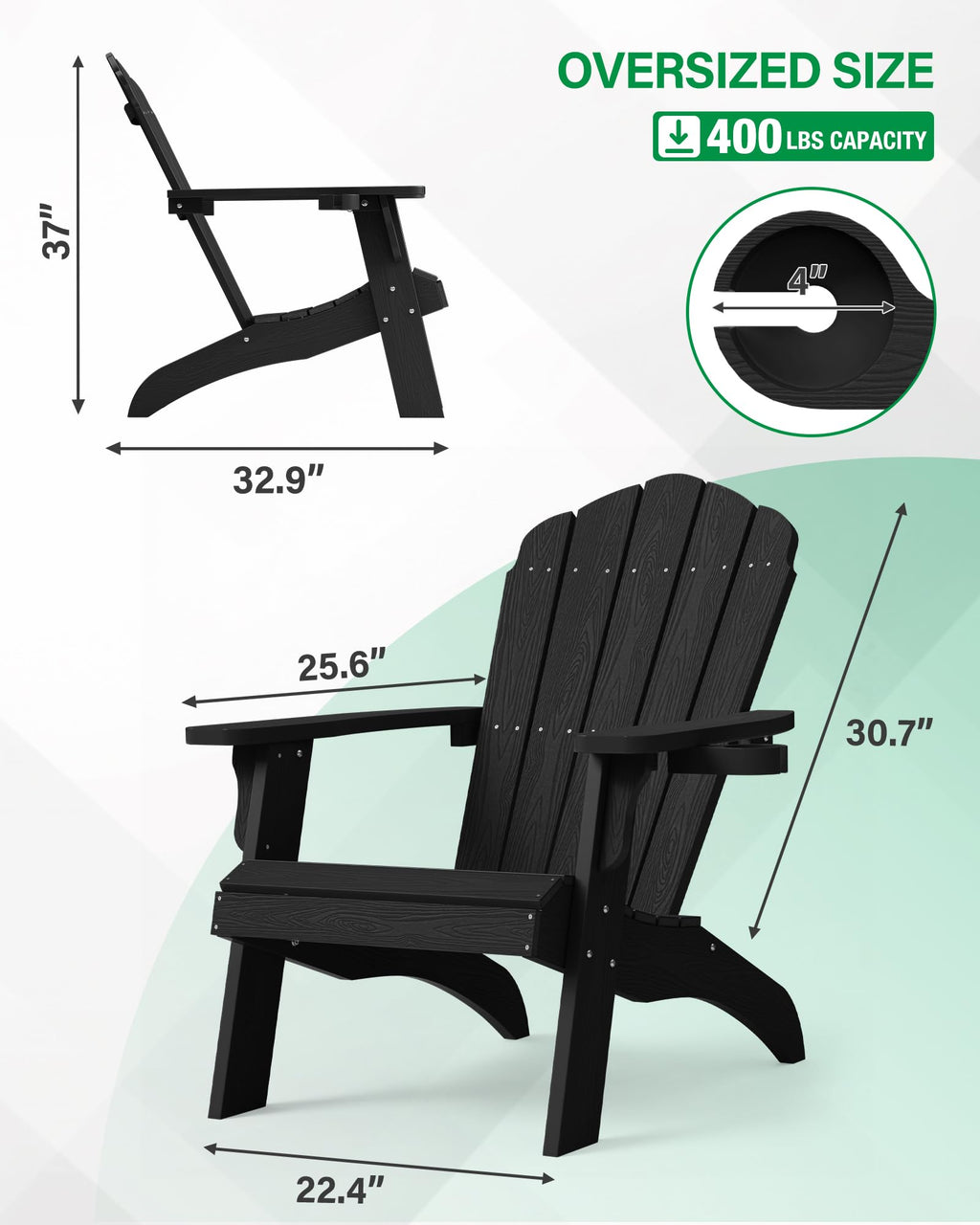 YEFU Oversized Plastic Adirondack Chair Set of 2 with Cup-Holder (Large Dual-Purpose), Weather Resistant, Poly Lumber Outdoor Chairs Duty Rating Widely Used in Patio, Lawn, Outside, Deck Chairs-Black