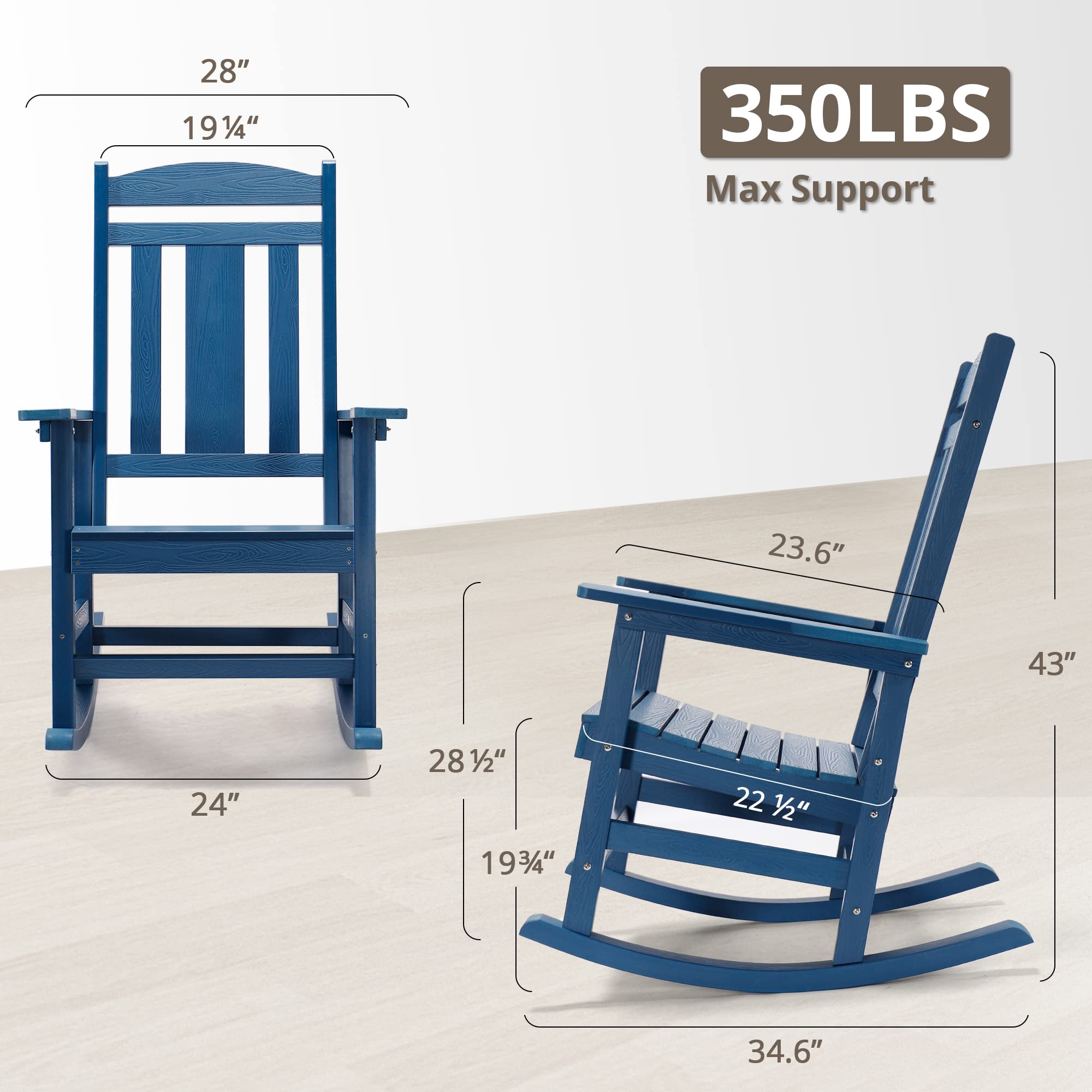 LUE BONA Rocking Chair Outdoor, Weather Resistant HDPS Plastic Rocker Chairs, 350lb Heavy Duty, Oversized Porch Rocker for Adult, High Back Smooth Rocking Chairs for Outdoor & Indoor, Aruba Blue