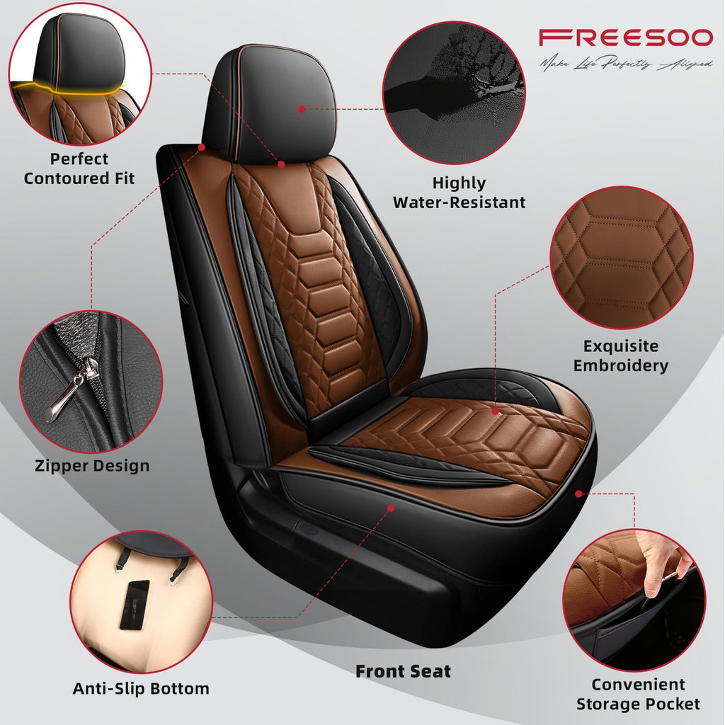 FREESOO Tundra Seat Covers 2007-2013, Fit for Toyota Tundra Crewmax Cab 5 Seats, Custom Truck Seat Covers with Waterproof Faux Leather Black