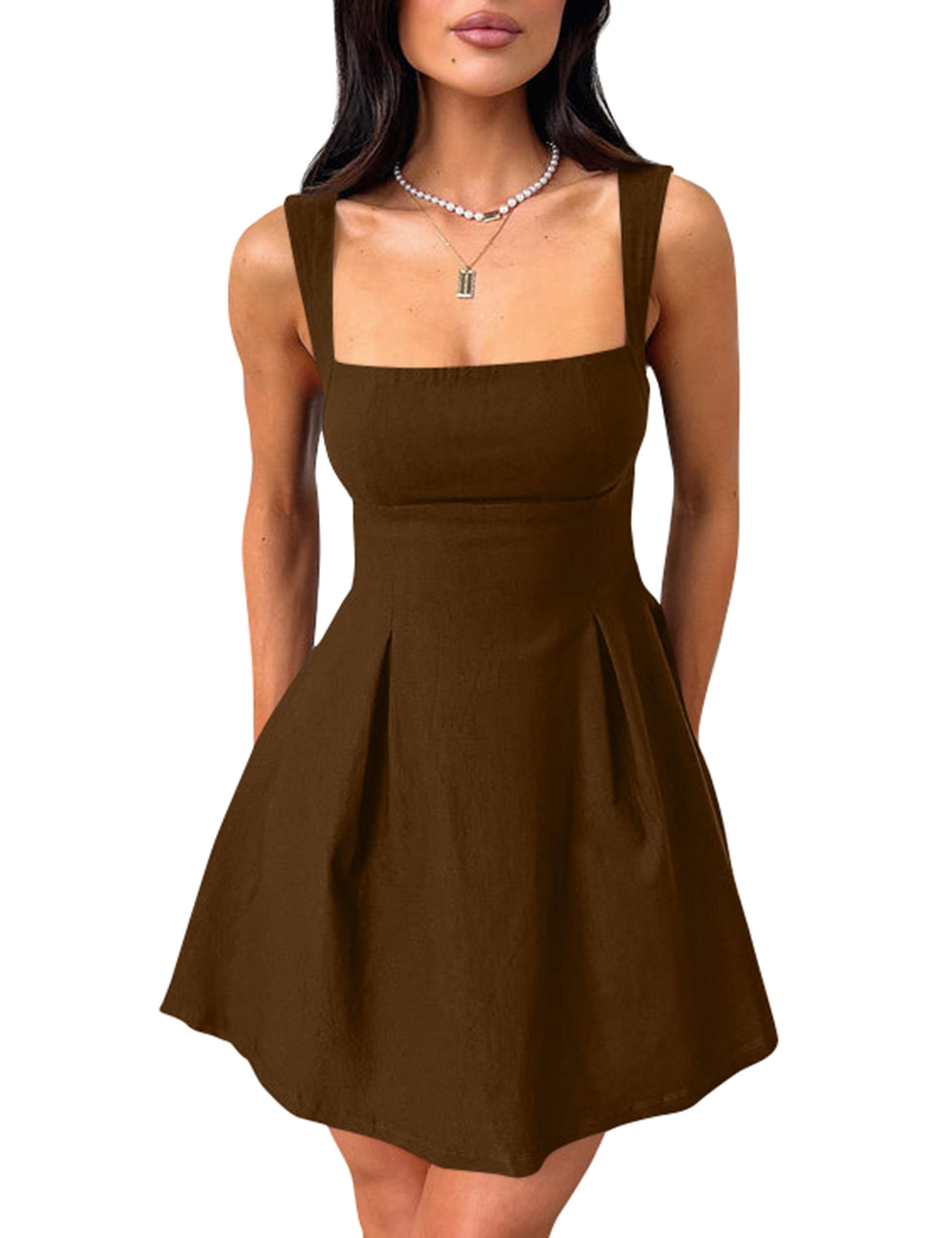 YMDUCH Women's Sexy Sleeveless Square Neck Adjustable Straps Bow Tie A-line Mini Party Club Dress