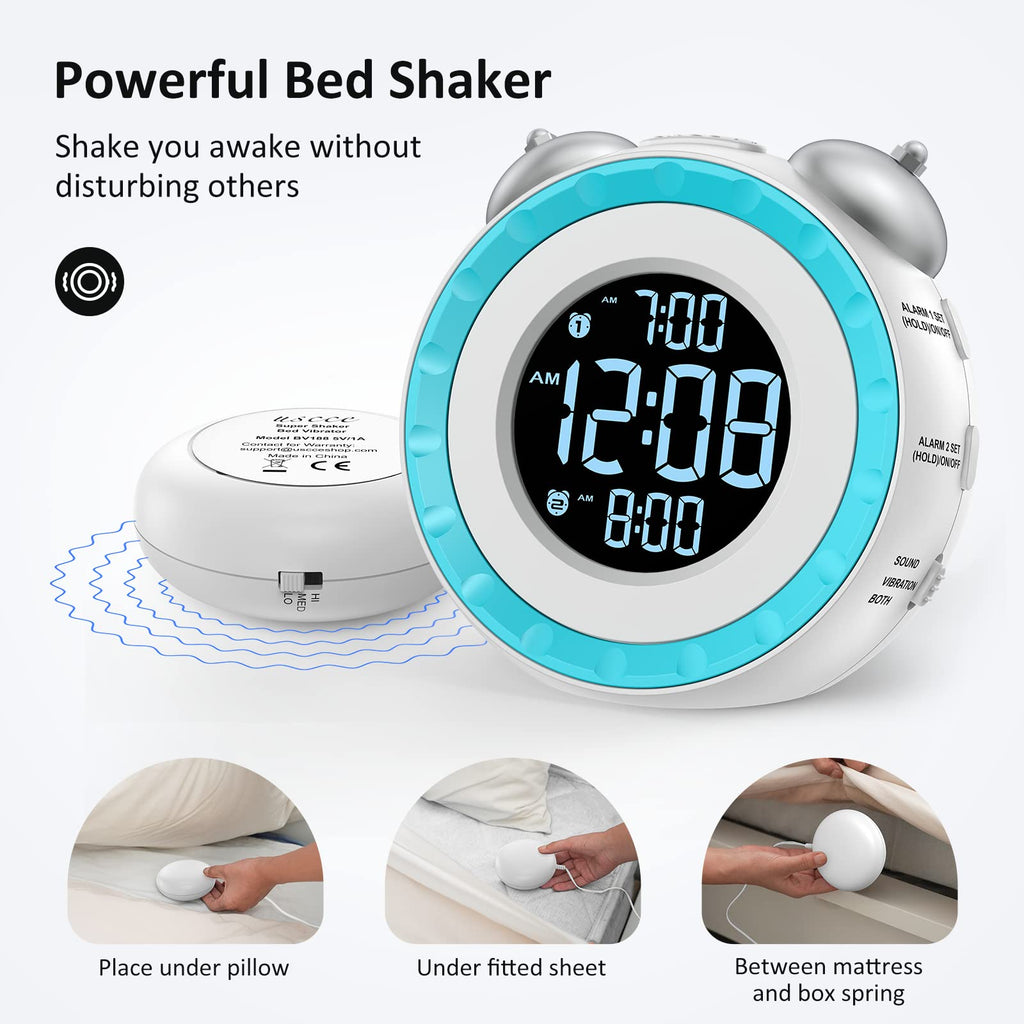 uscce Loud Dual Alarm Clock with Bed Shaker - 0-100% Dimmer, Vibrating Alarm Clock for Heavy Sleepers or Hearing Impaired, Easy to Set, USB Charging Port, Snooze, Battery Backup