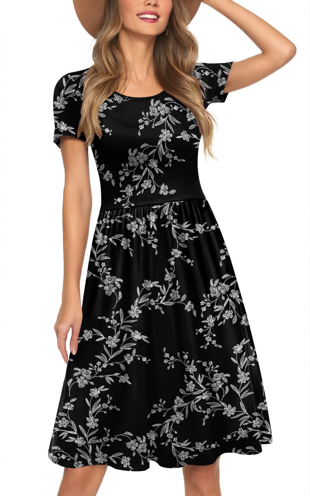 Womens Short Sleeve Empire Waist Dresses Casual Summer Dress with Pockets