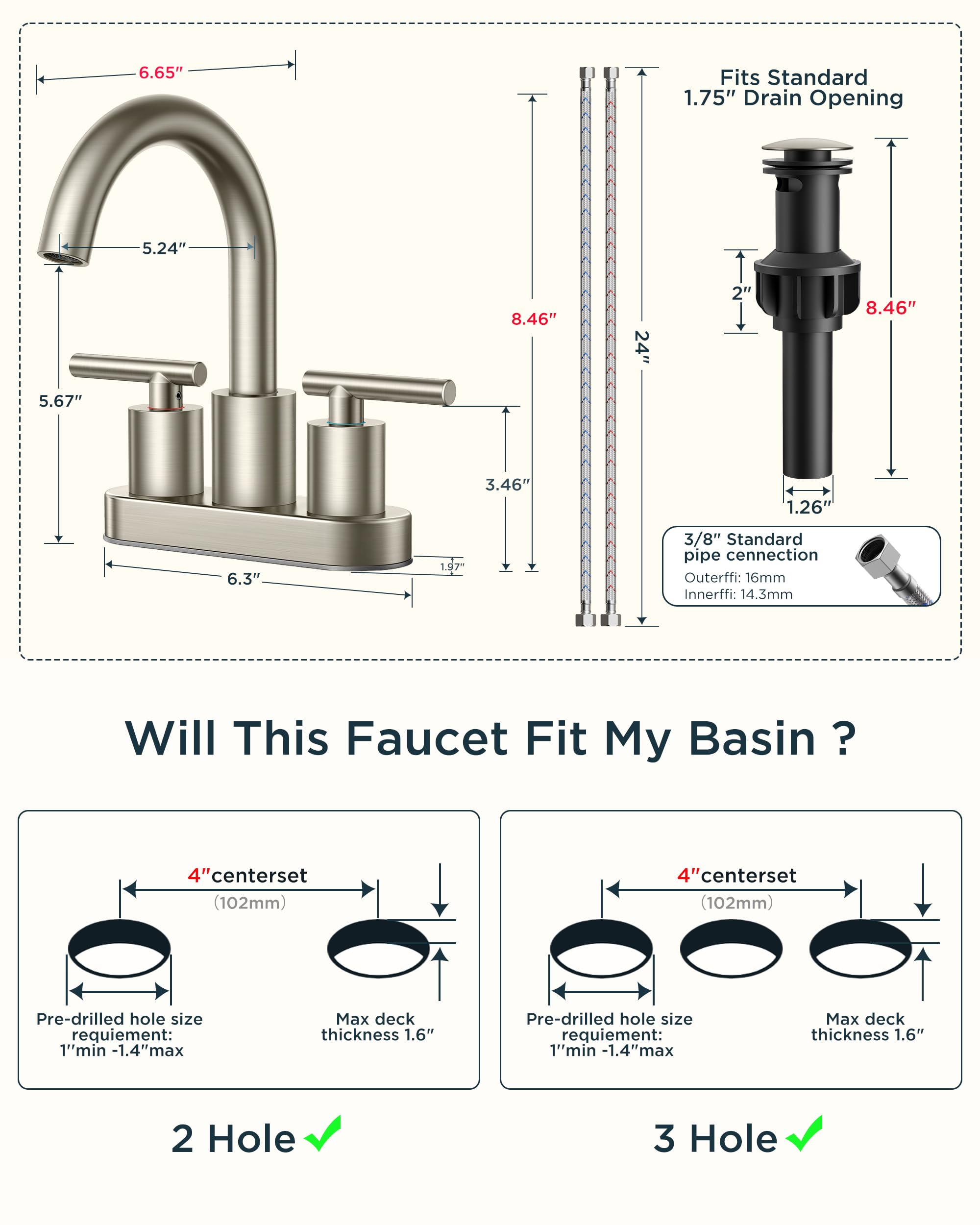 FORIOUS 4" Brushed Gold Bathroom Faucet Centerset 4 Inch, 2 Handle 2 Hole Gold Faucets for Bathroom Vanity wtih Metal Pop Up Dain, CUPC Supply Hose, High Arc Swivel Spout