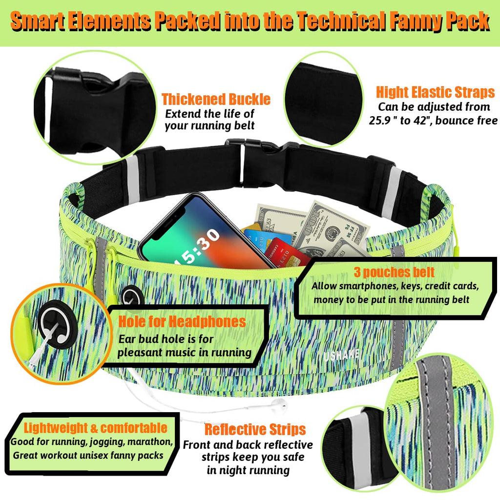 USHAKE Slim Running Belt, Workout Fanny Pack for Men Women,Exercise Waist Pack for Apple iPhone Holder, Runner Belt for Running Walking Cycling Camping Gym Black