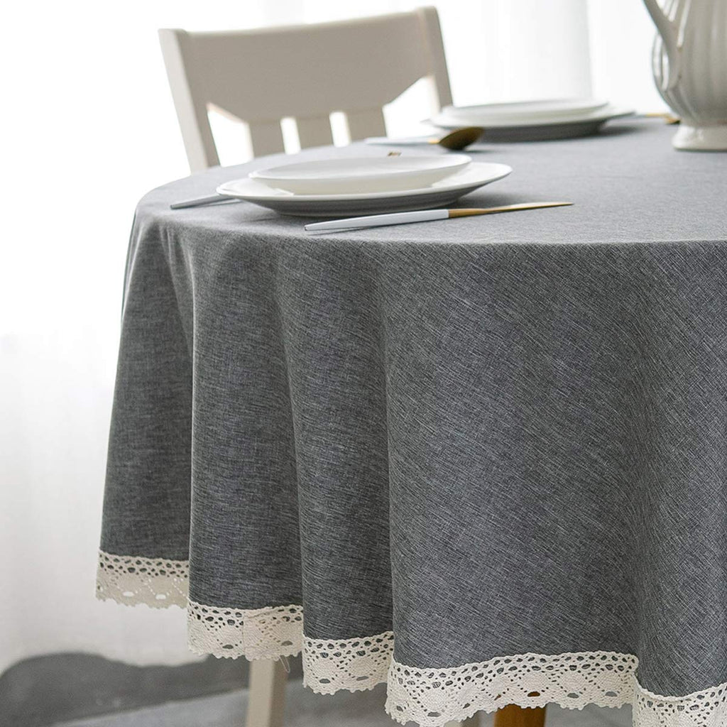 EHouseHome Faux Linen Tablecloth with Lace Trim - Waterproof/Spill Proof/Stain Resistant/Wrinkle Free/Oil Proof - for Banquet, Parties,Dinner,Kitchen,Wedding,Holiday,Blue Fog,Square 52X52Inch