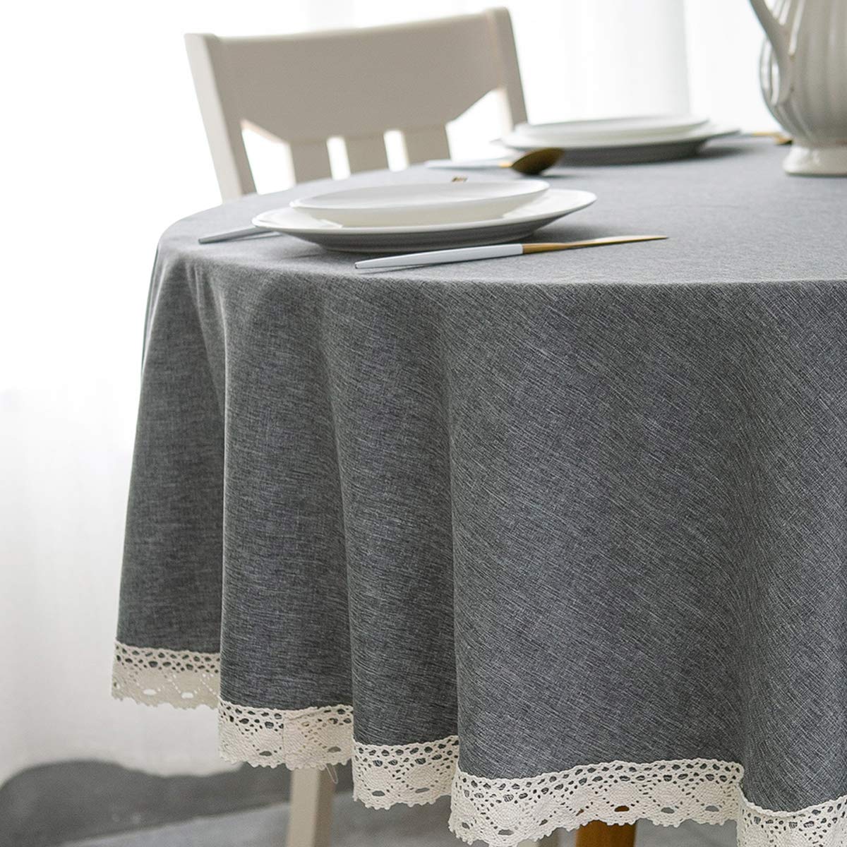 EHouseHome Faux Linen Tablecloth with Lace Trim - Waterproof/Spill Proof/Stain Resistant/Wrinkle Free/Oil Proof - for Banquet, Parties,Dinner,Kitchen,Wedding,Holiday,Blue Fog,Square 52X52Inch
