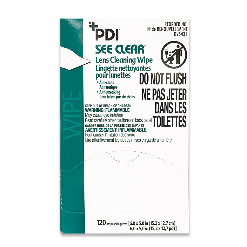PDI See Clear Lens Cleaning Wipes, Non-Streaking & Anti-Static for Glasses, Eyeglasses, Loupes & Safety Eyewear, 1 Box of 120 Individually Wrapped Packets, Large 6" x 5"