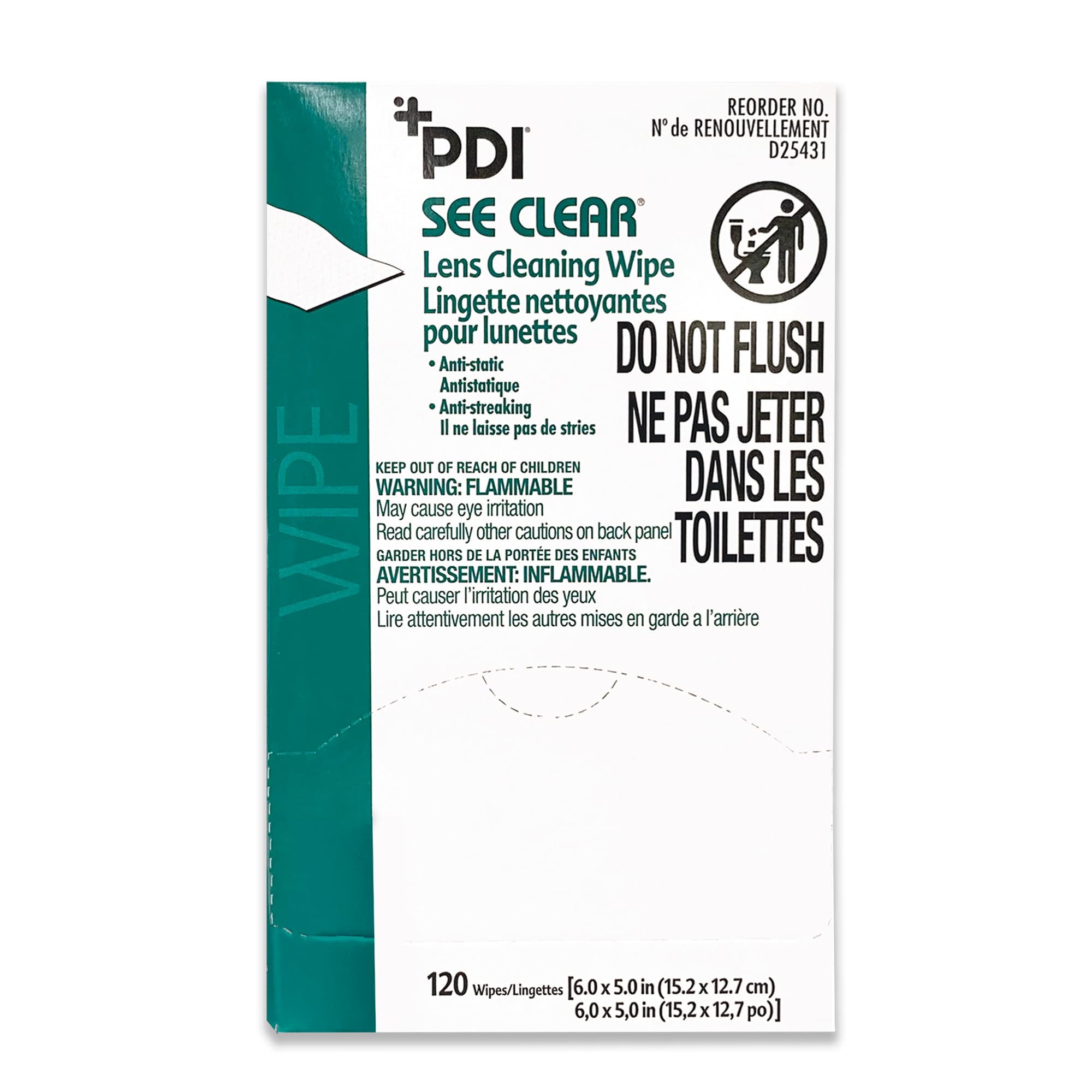 PDI See Clear Lens Cleaning Wipes, Non-Streaking & Anti-Static for Glasses, Eyeglasses, Loupes & Safety Eyewear, 1 Box of 120 Individually Wrapped Packets, Large 6" x 5"