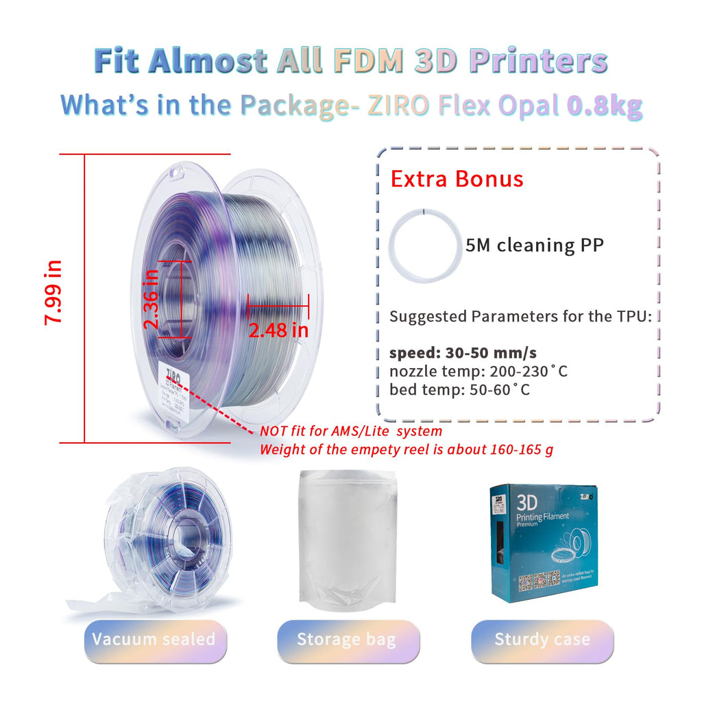 ZIRO TPU Filament 1.75mm 3D Printer Filament, Shore 95A Hardness TPU, Flexible Soft Material, 0.8KG/1.8lbs Spool, Fit Most FDM 3D Printers, Black