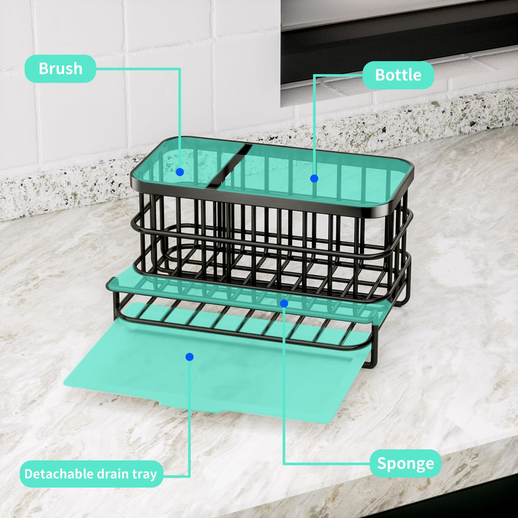 HapiRm Kitchen Sink Organizer, SUS304 Stainless Steel Rustproof Multifunctional Large Sink Caddy with Sponge Holder and Drain Tray for Kitchen Countertop (Silver)