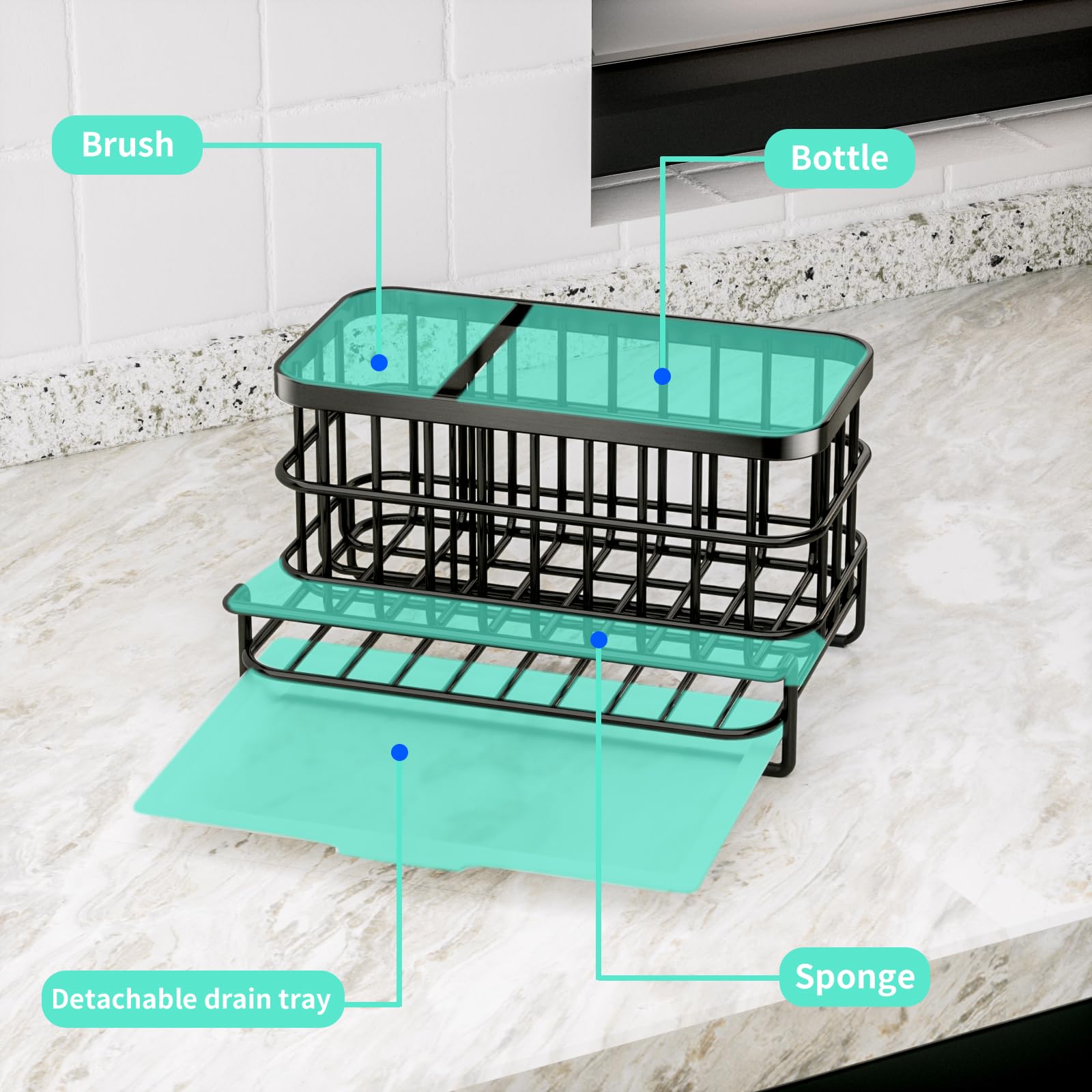 HapiRm Kitchen Sink Organizer, SUS304 Stainless Steel Rustproof Multifunctional Large Sink Caddy with Sponge Holder and Drain Tray for Kitchen Countertop (Silver)
