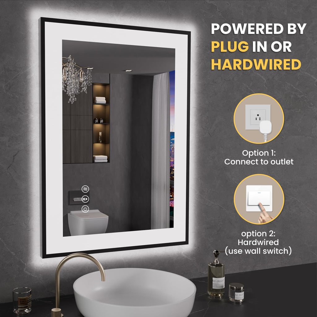 LOAAO 20"X28" LED Bathroom Mirror Black Framed | Anti-Fog, Dimmable, Memory Function, Tempered Glass, Lighted Vanity Mirror for Wall
