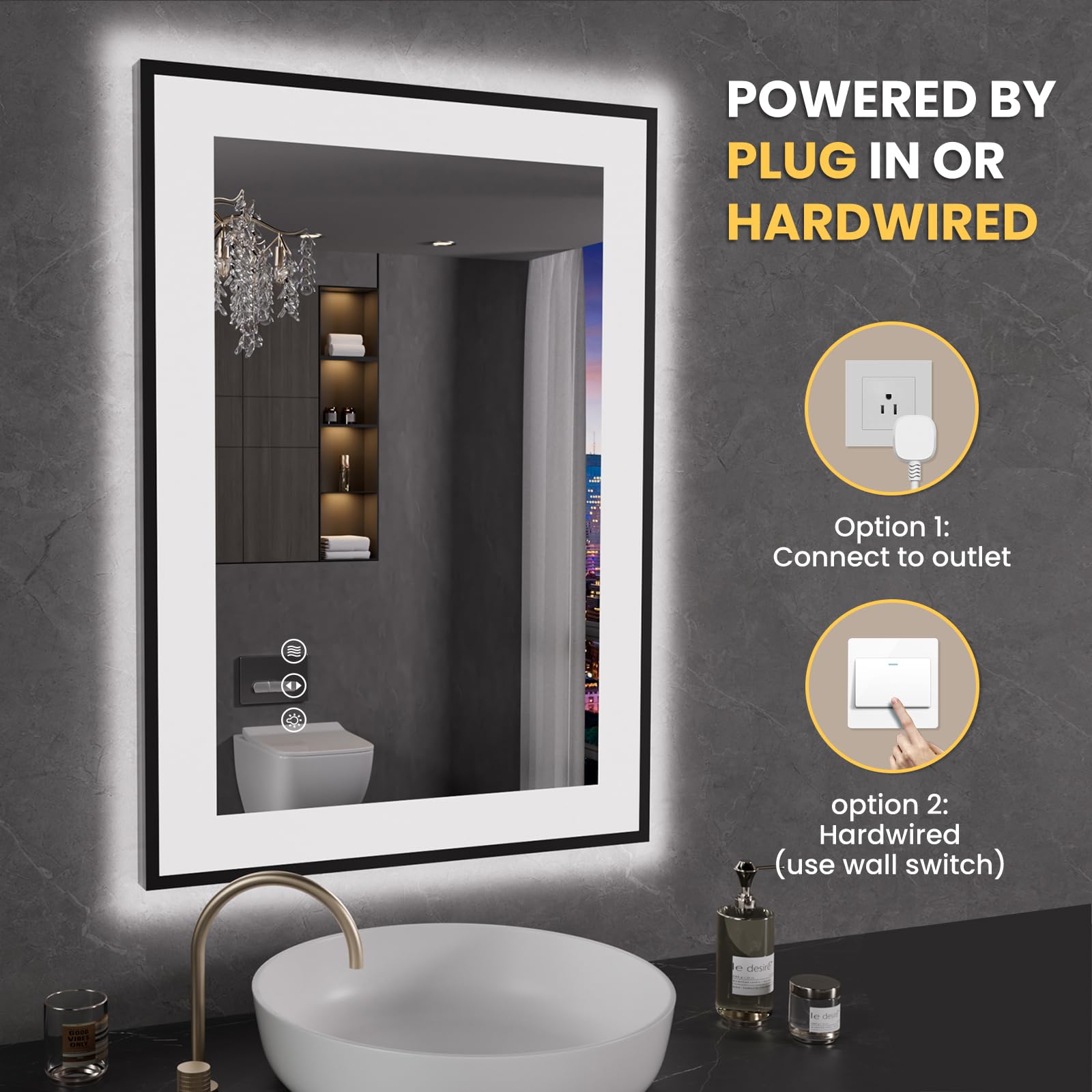 LOAAO 20"X28" LED Bathroom Mirror Black Framed | Anti-Fog, Dimmable, Memory Function, Tempered Glass, Lighted Vanity Mirror for Wall