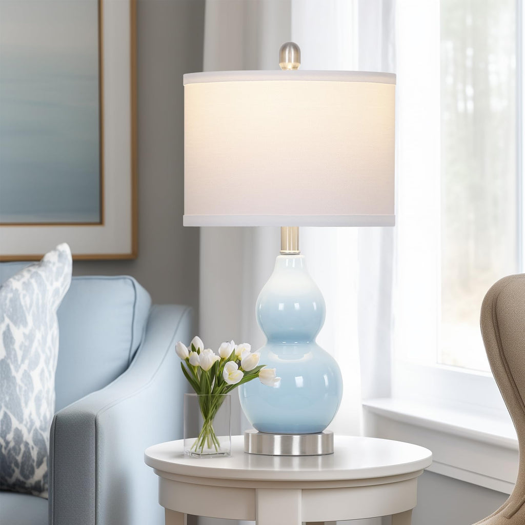 Rinweey Double Gourd Ceramic Table Lamps Set of 2, Modern Blue Bedside Lamps for Night Stand, Contemporary Nightstand Lamps for Bedroom Living Room (Bulb Included)