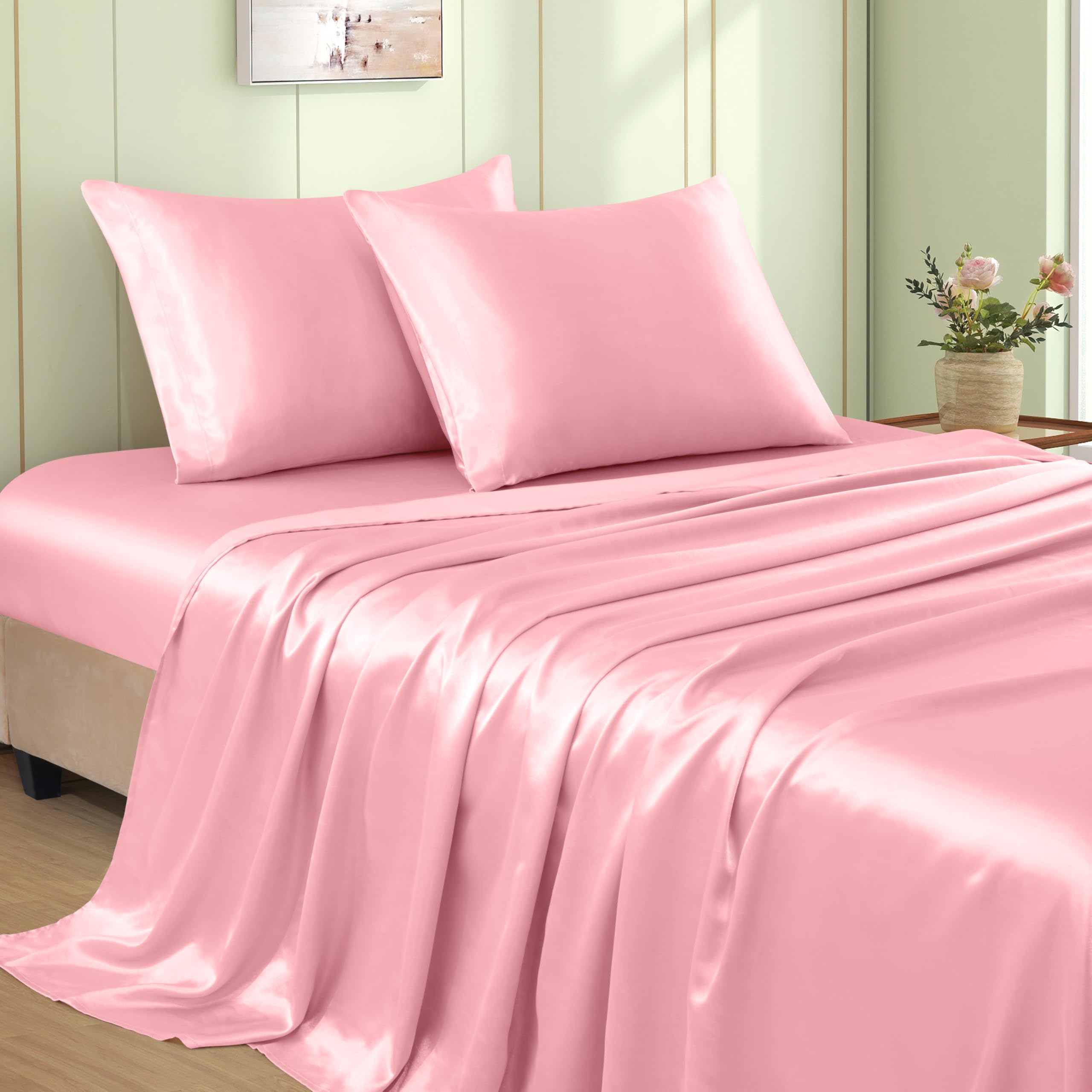 VACVELT 3pcs Beige Satin Sheets Twin Size Bed Set, 15 Inch Deep Pocket Silky Satin Sheet Set, Soft Satin Bedding Set Cooling & Luxury Bed Sheets, 1 Fitted Sheet + 1 Flat Sheet + 1 Pillowcase