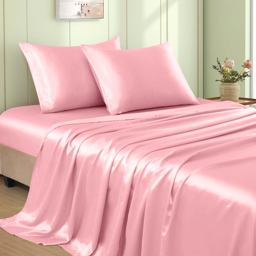 VACVELT 3pcs Beige Satin Sheets Twin Size Bed Set, 15 Inch Deep Pocket Silky Satin Sheet Set, Soft Satin Bedding Set Cooling & Luxury Bed Sheets, 1 Fitted Sheet + 1 Flat Sheet + 1 Pillowcase