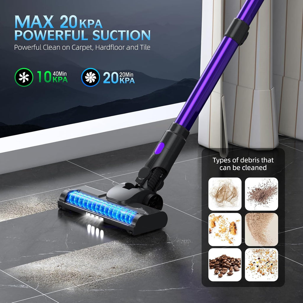 Bieiao Cordless Vacuum Cleaner, Stick Vacuum with LED Display, 2 Modes 6 in 1 Lightweight Rechargeable Cordless Stick Vacuum with 40Min Detachable Battery Vacuum Cleaner for Home Hard Floor Carpet
