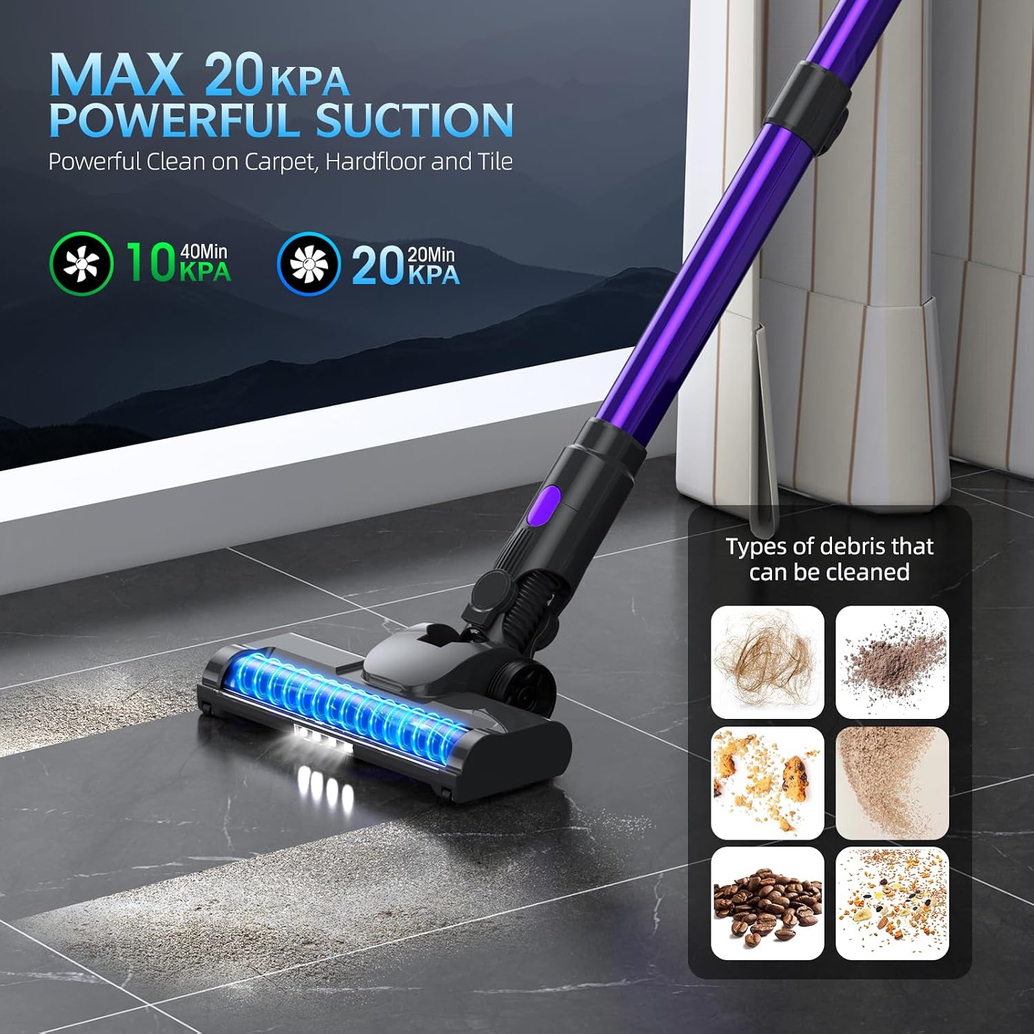 Bieiao Cordless Vacuum Cleaner, Stick Vacuum with LED Display, 2 Modes 6 in 1 Lightweight Rechargeable Cordless Stick Vacuum with 40Min Detachable Battery Vacuum Cleaner for Home Hard Floor Carpet
