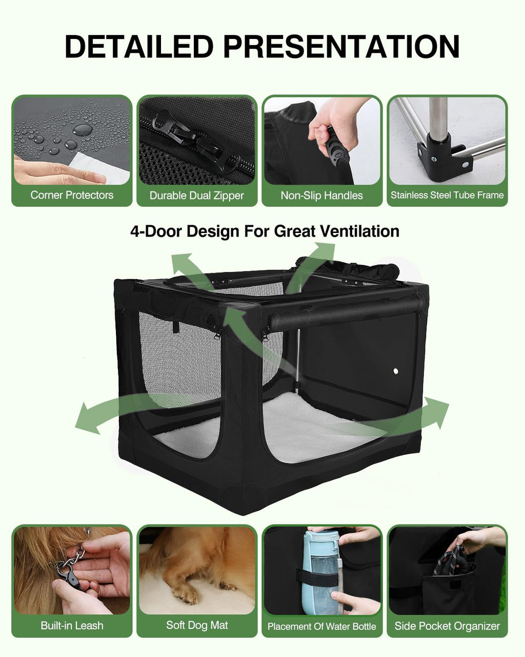 Veraste 24" L x 17" W x 17" H Collapsible Travel Dog Crate, Portable Soft Dog Kennel for Small Medium Pets up to 30 lbs, 4-Door Foldable Travel Crate with Durable Mesh & Storage Bag, Black