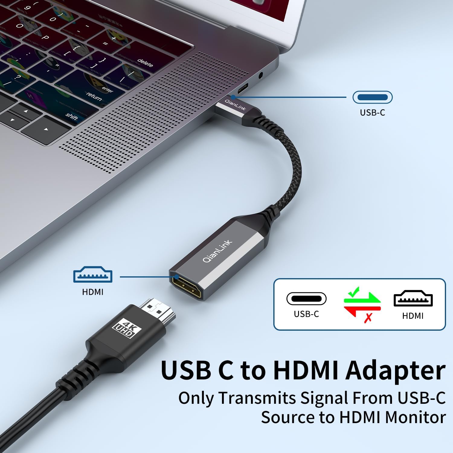 QianLink USB Type C to HDMI Adapter, USB C to HDMI 4K Cable [Thunderbolt 3/4] for MacBook Pro/Air 2023, iPhone 15 16 17 Pro Max, Dell XPS, Pixelbook, Surface, IPad Pro, iMac, XPS 17, Galaxy S25 S24