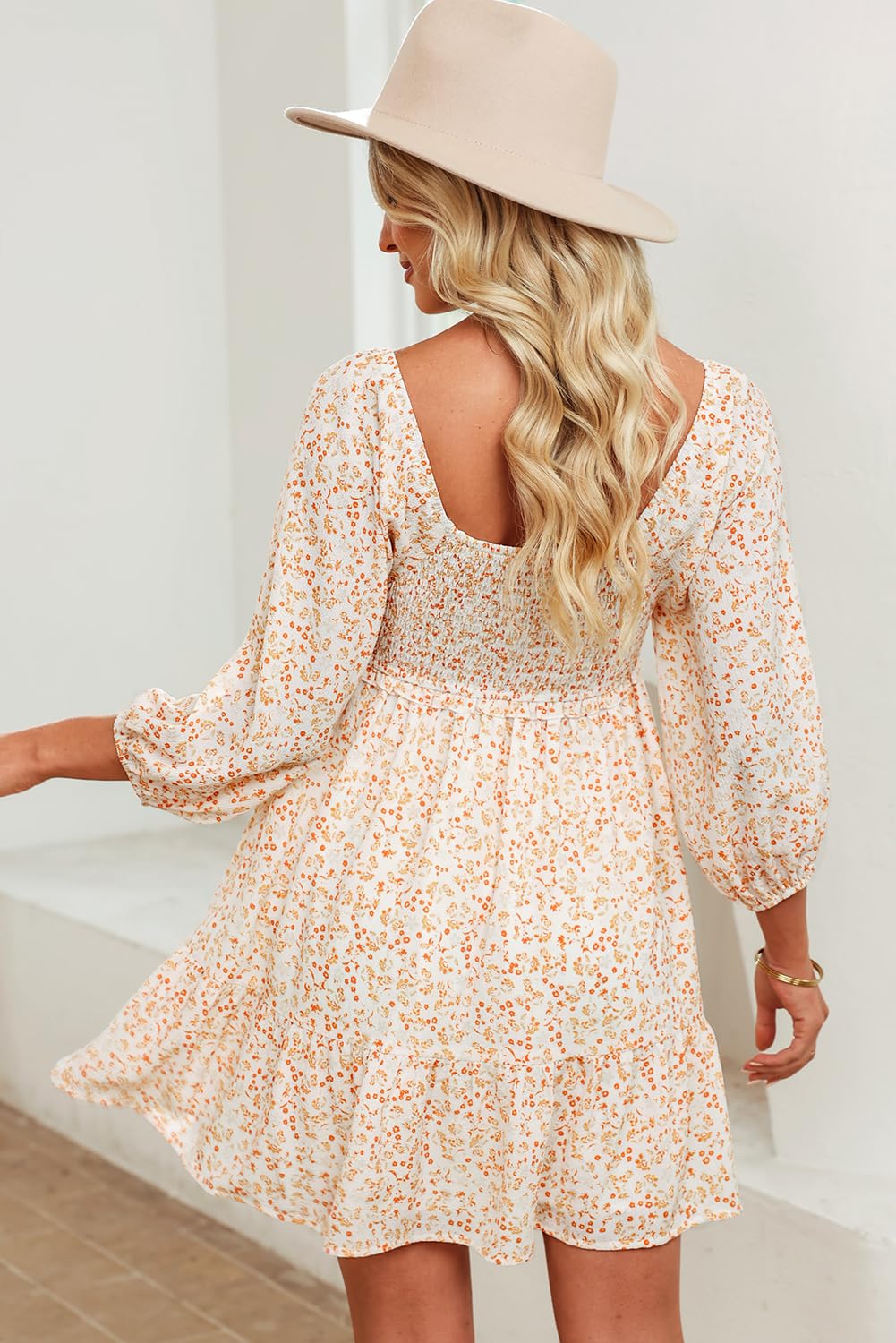 Dokotoo Fall Dresses for Women 2025 Boho Floral Square Neck Smocked 3/4 Sleeve Casual A-Line Swing Mini Dress Sundress