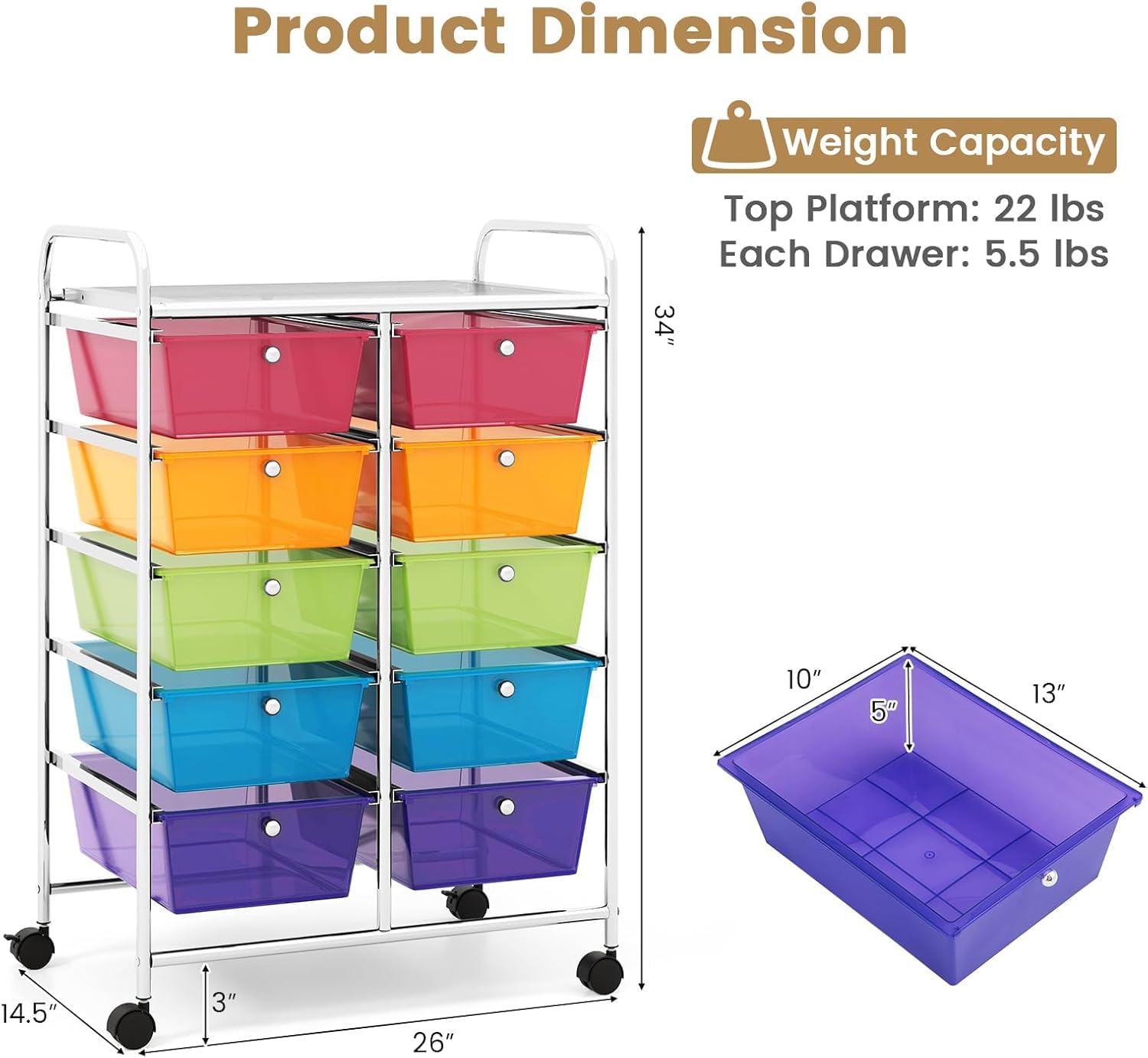 LDAILY 9 Drawer Rolling Storage Cart, Rolling Cart with Drawers for Classroom, Art Supply Craft Organizer on Wheel with Metal Frame & Handles for Home Office School